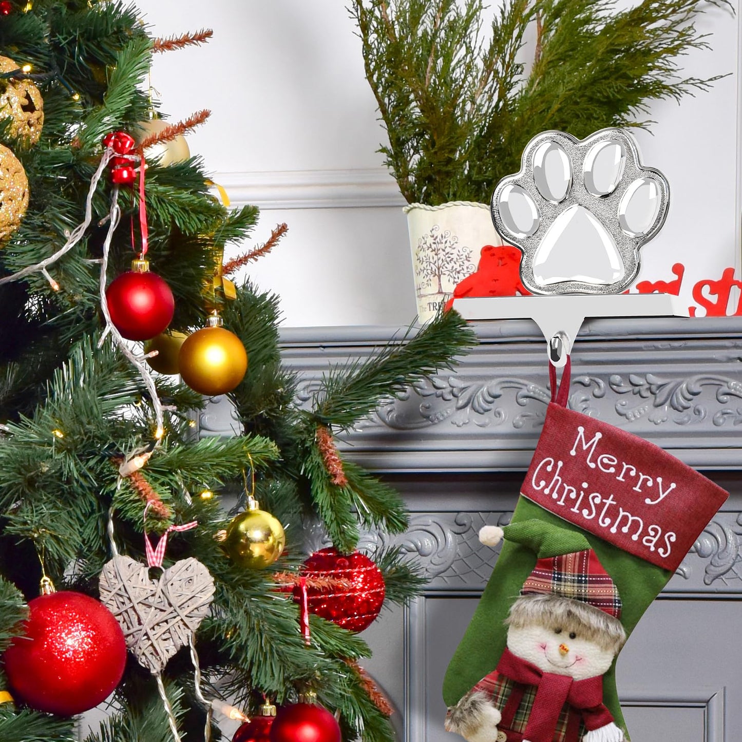 Fowecelt Dog Paw Christmas Stocking Holder, 3D Silver Metal Mantel Stocking Hanger for Mantel Shelf Stand Table Christmas Decor