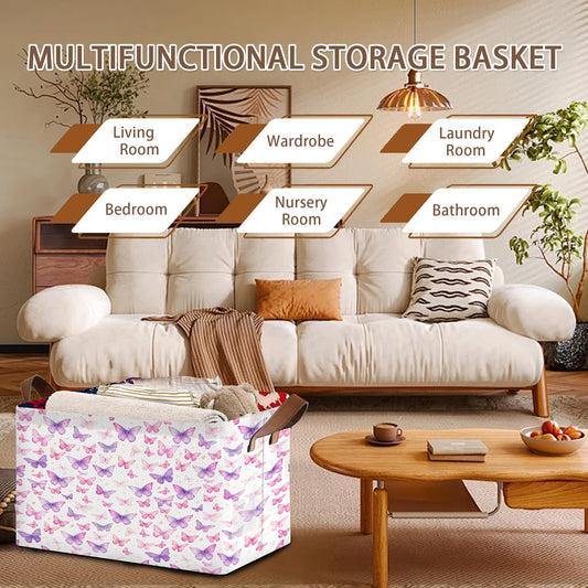 Purple Butterfly Pattern Collapsible Storage Box - 17x11.5x10.5 Inch Foldable Organizer for Closet, Toy Storage - Space-Saving Single Pack