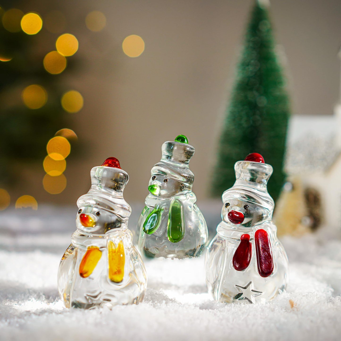 KRISININE Set of 3 Glass Snowman Figurine 1.6''*4.2'' Handmade Snowman Christmas Decorations Indoor for Home Winter Holiday Glass Paperweight Office Table Decor
