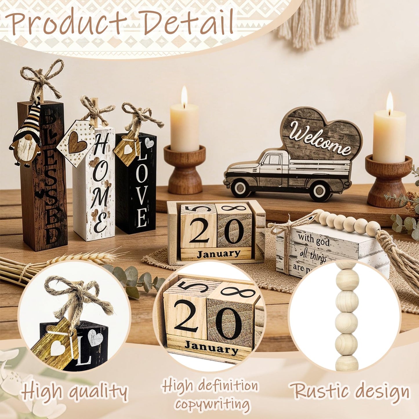 Farmhouse Wooden Table Decor White Faux Books for Decoration with Wood Bead Garland, Wooden Perpetual Block Calendar Rustic Tiered Tray Decor for Home Sweet Kitchen Entryway Living Room Shelves