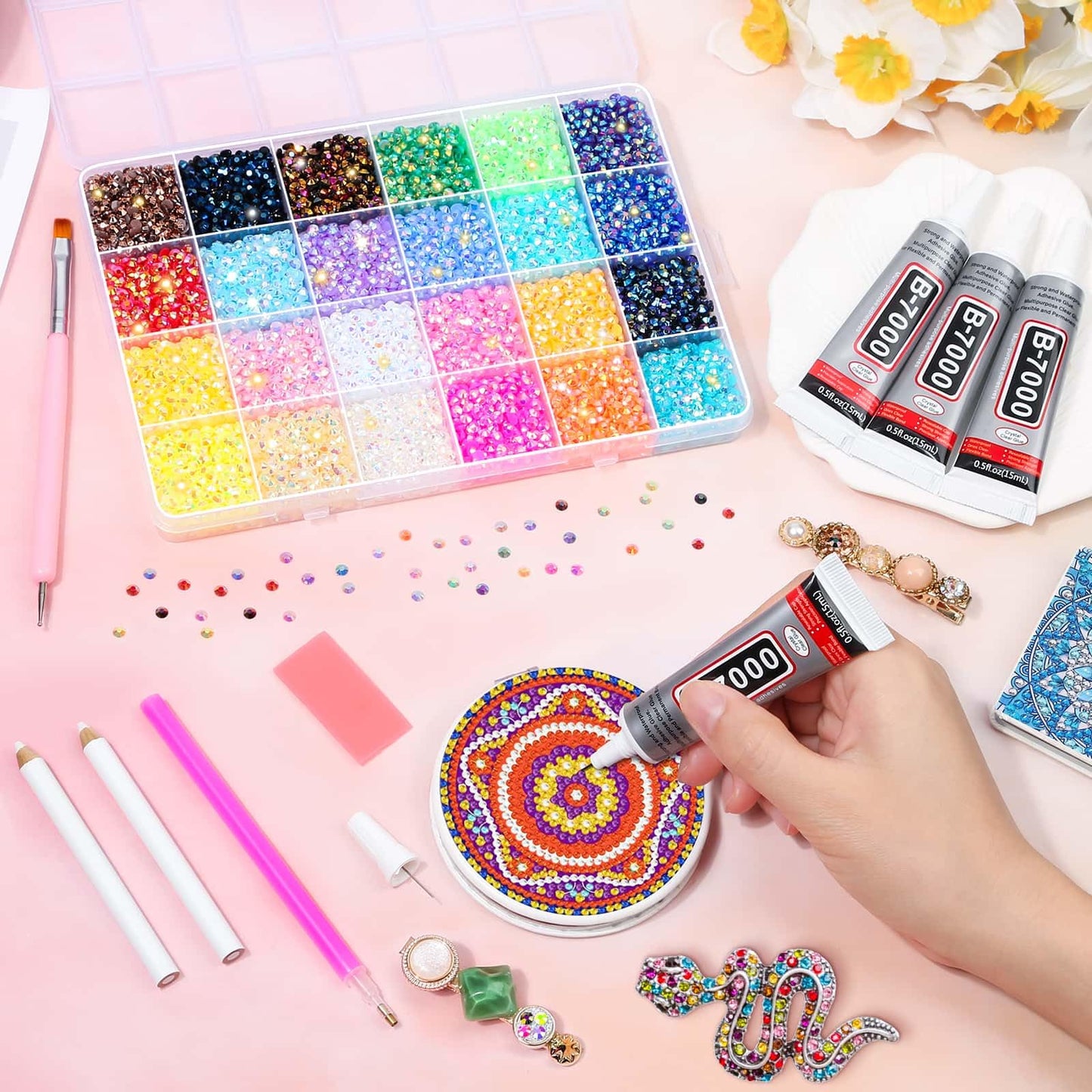 Audab Multicolor 4mm AB Rhinestone Kit with 16000pcs, 4pcs B7000 Jewelry Glue, Tools for Bedazzling Crafting, Graduation Cap, Jewelry, Shoes & Nails