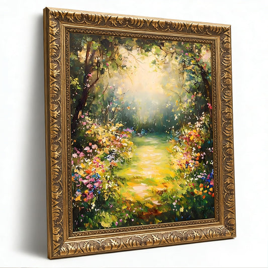 Golden Vintage Framed Floral Garden Path Canvas Wall Art, Sunlit Wildflower Trail Painting for Living Room Bedroom Farmhouse Decor,Made in USA