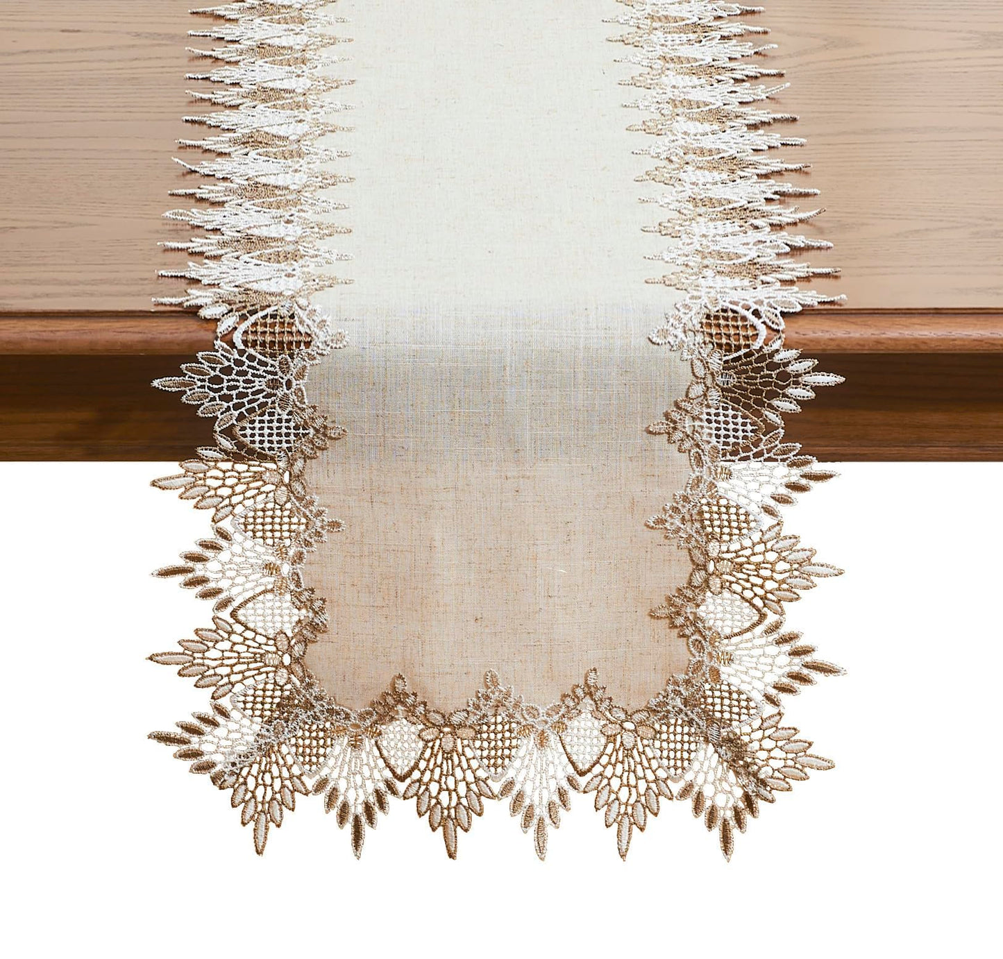 Raedan Natural Linen Table Runner 72 inches Neutral Earth Tones Beige Lace Coffee Table Runners Dresser Scarf for Easter Spring Summer Kitchen Wedding Party, Machine Washable (Natural, 16”x72”)