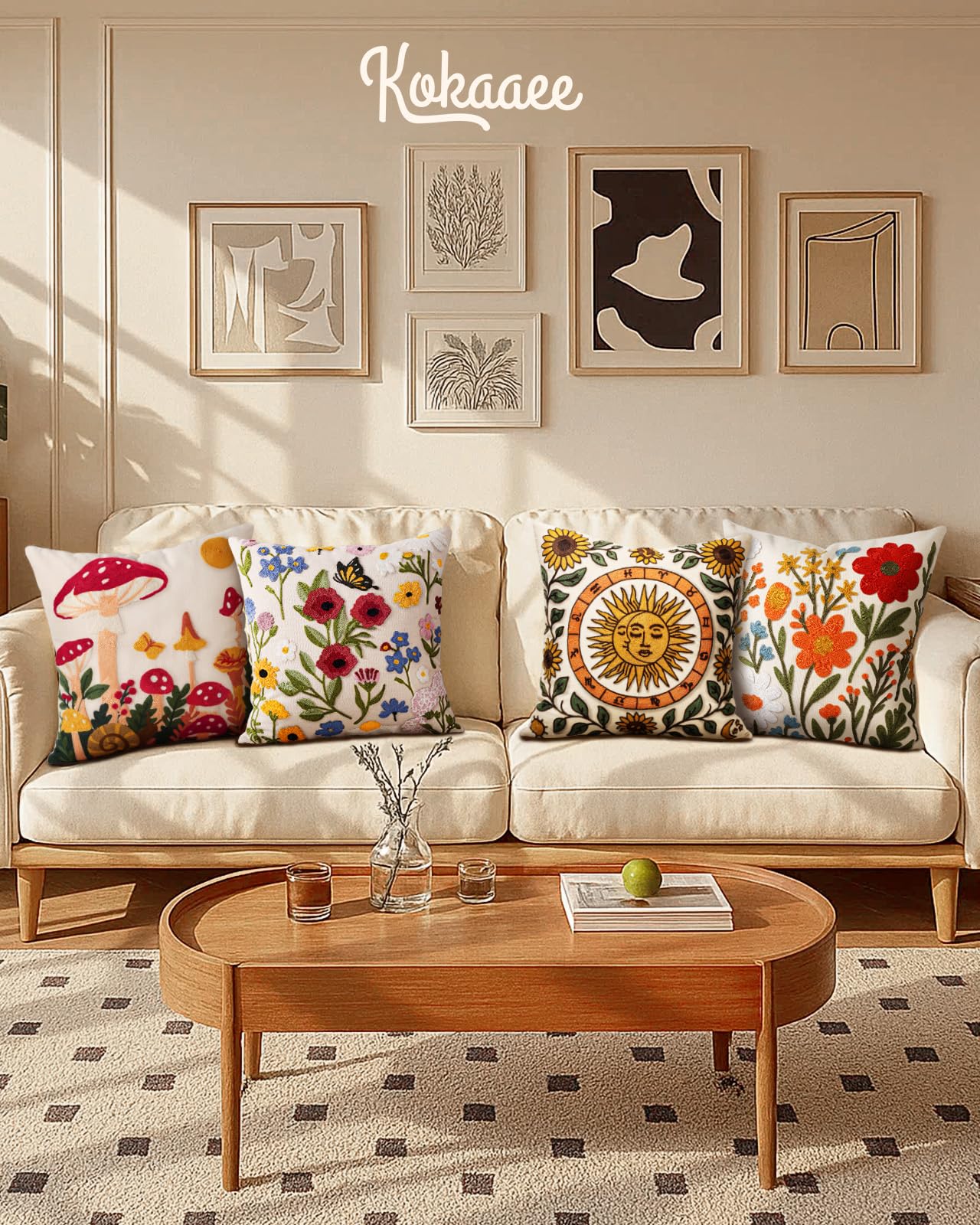 Kokaaee Embroidered Throw Pillow Cover 18x18 Inch - Spring Summer Boho Decorative Pillow Cover with Zipper for Living Room Couch Sofa Bed Aesthetic Design Flower Cluster Cushion Pillowcase