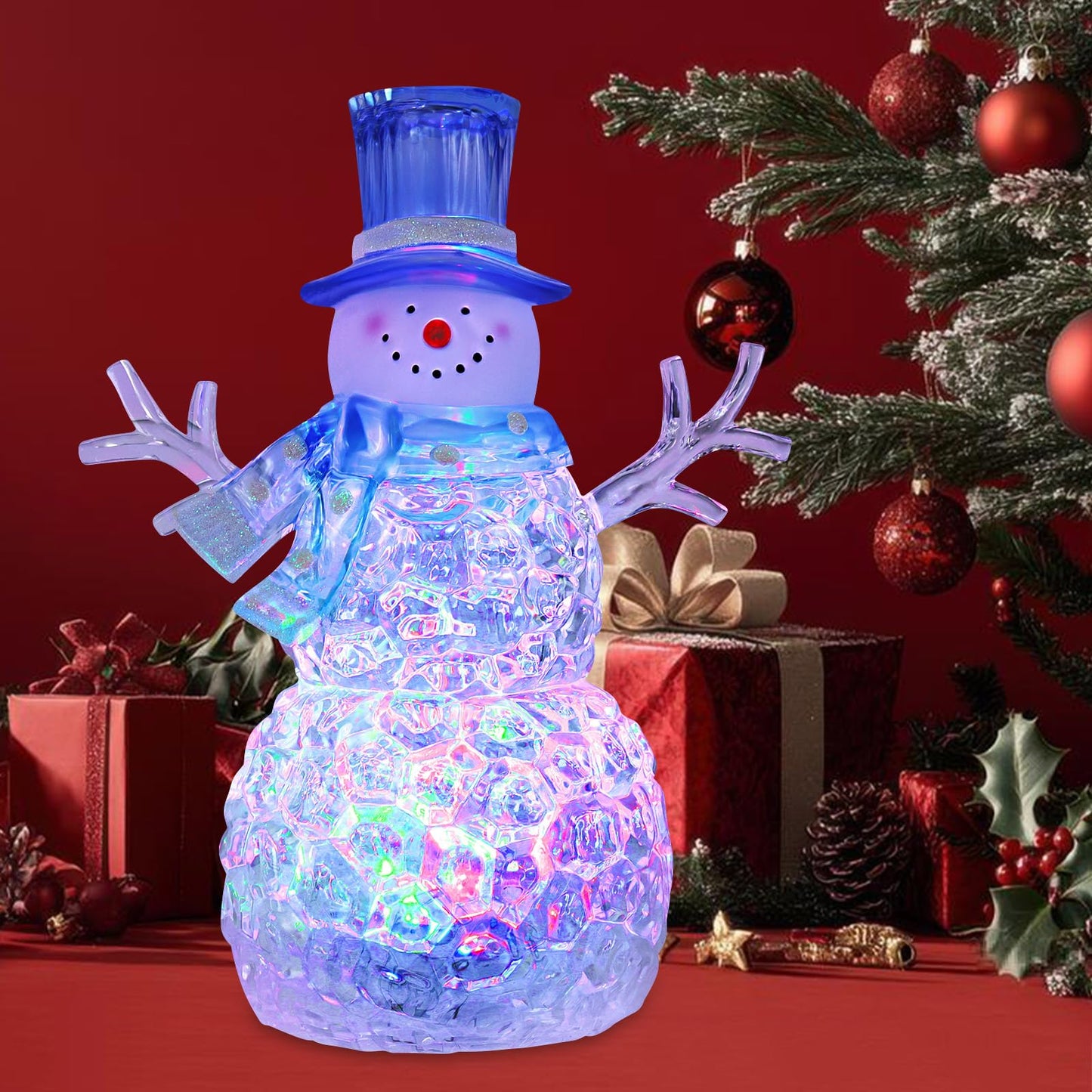 Snowman Christmas Decoration LED Lighted Snowman Figurines with 6H Timer 3 AAA Battery Operated Christmas Acrylic Snowman Decorations for Indoor Holiday Tabletop Decorations Gifts (Blue Hat)