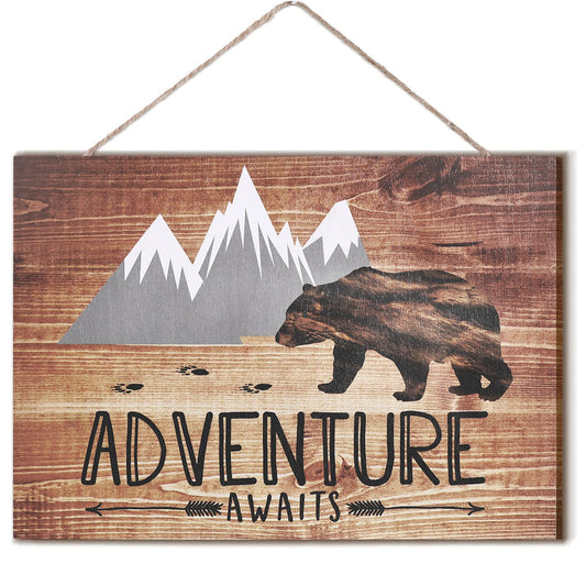 Jetec Adventure Awaits Sign Wooden Vintage Bear Mountain Wall Hanging Decoration 10 x 7 Inch Rustic Cabin Wall Art Adventure Woodland Plank Grey and White Farmhouse Inspirational Motto for Room Shelf