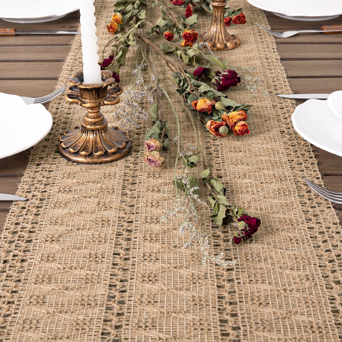 Socomi Boho Table Runner Easter Spring Farmhouse Burlap Jute Bamboo Rustic Dining Kitchen Centerpiece Decor Small Macrame Woven Coffee Table Runner for Dresser Scarf Home Decor 12x60 inch