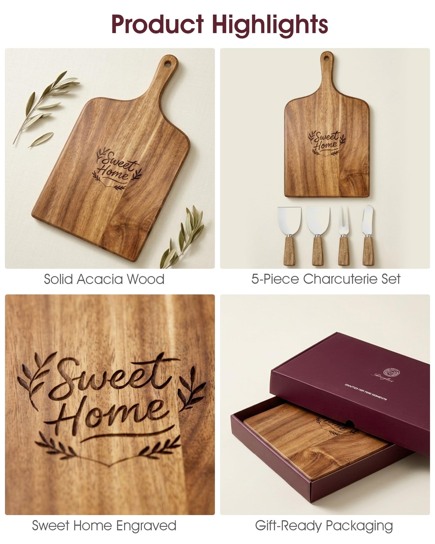 GleeNflux Charcuterie Board Set, Acacia Wood Cheese Board with 4 Cheese Knives, Engraved Serving Tray with Handle – Cutting Board for Kitchen & Entertaining, Housewarming Gift