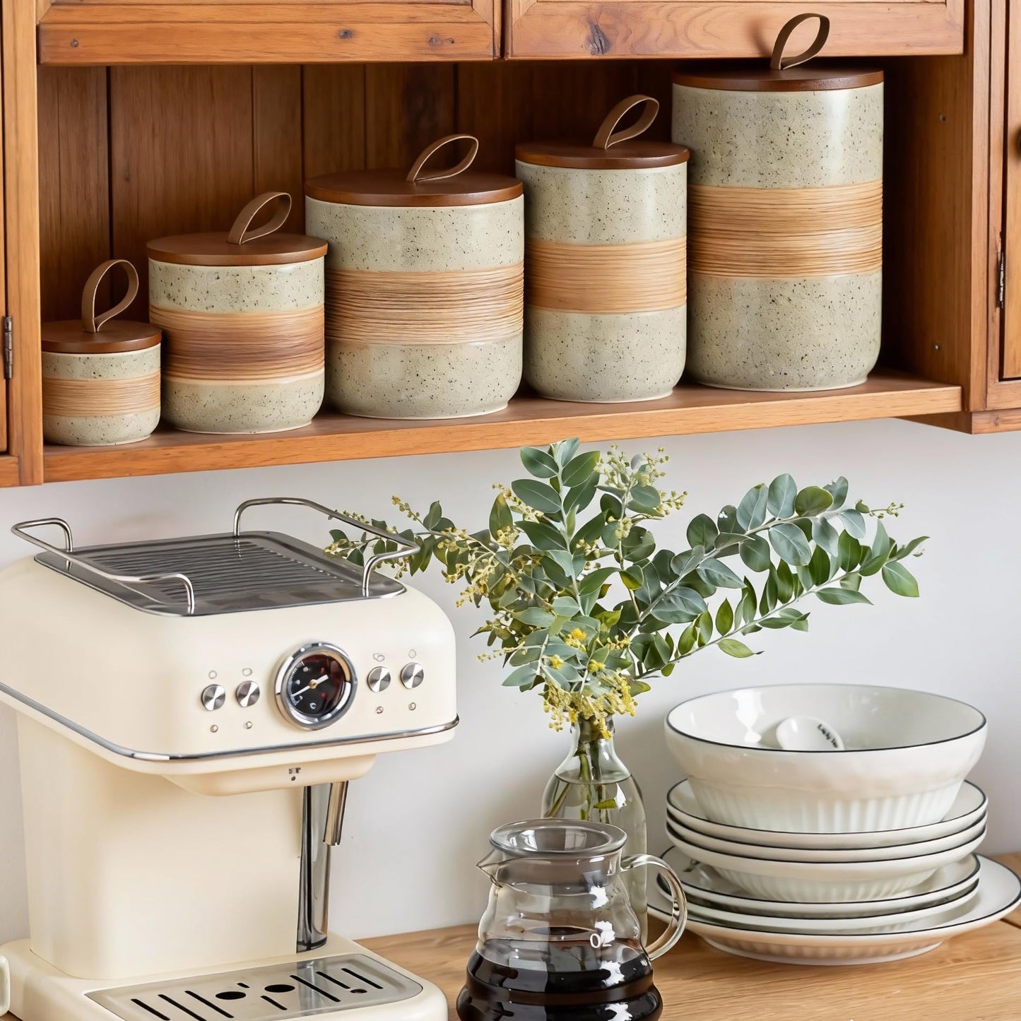 Miamolo Large Storage Containers with Lids, Ceramic Coffee Container Kitchen Food Storage Jars for Spice Sugar Tea Bag, Stackable Decorative Jars for Counter, 61 fl.oz