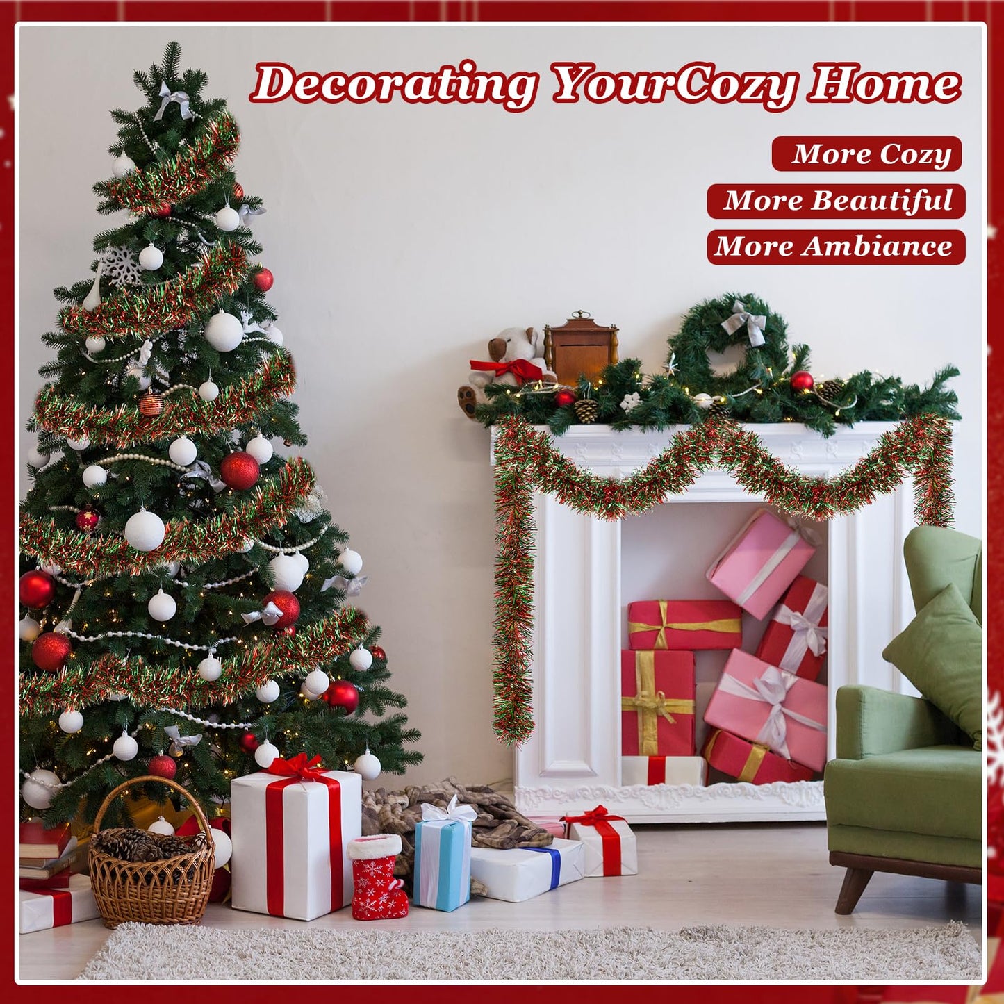 EverMerry Christmas Garland, 50 ft Tinsel Garland Christmas Decorations, Metallic Outdoor Christmas Garland for Stairs, Christmas Tree Tinsel, Home and Birthday Party Decorations(Red and Green)