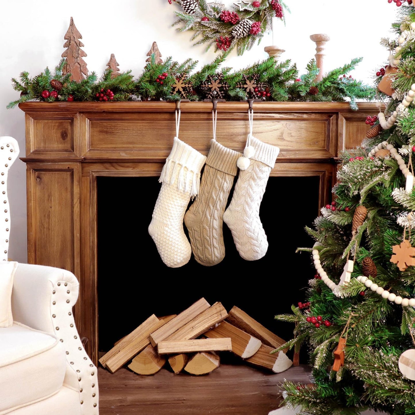 Farmhouse Personalized Knitted Christmas Stockings, 3 Packs 18 inche Knit Christmas Stockings, Rustic Farmhouse Boho Style Stocking Decorations for Family Holiday Season Decor, White & Beige