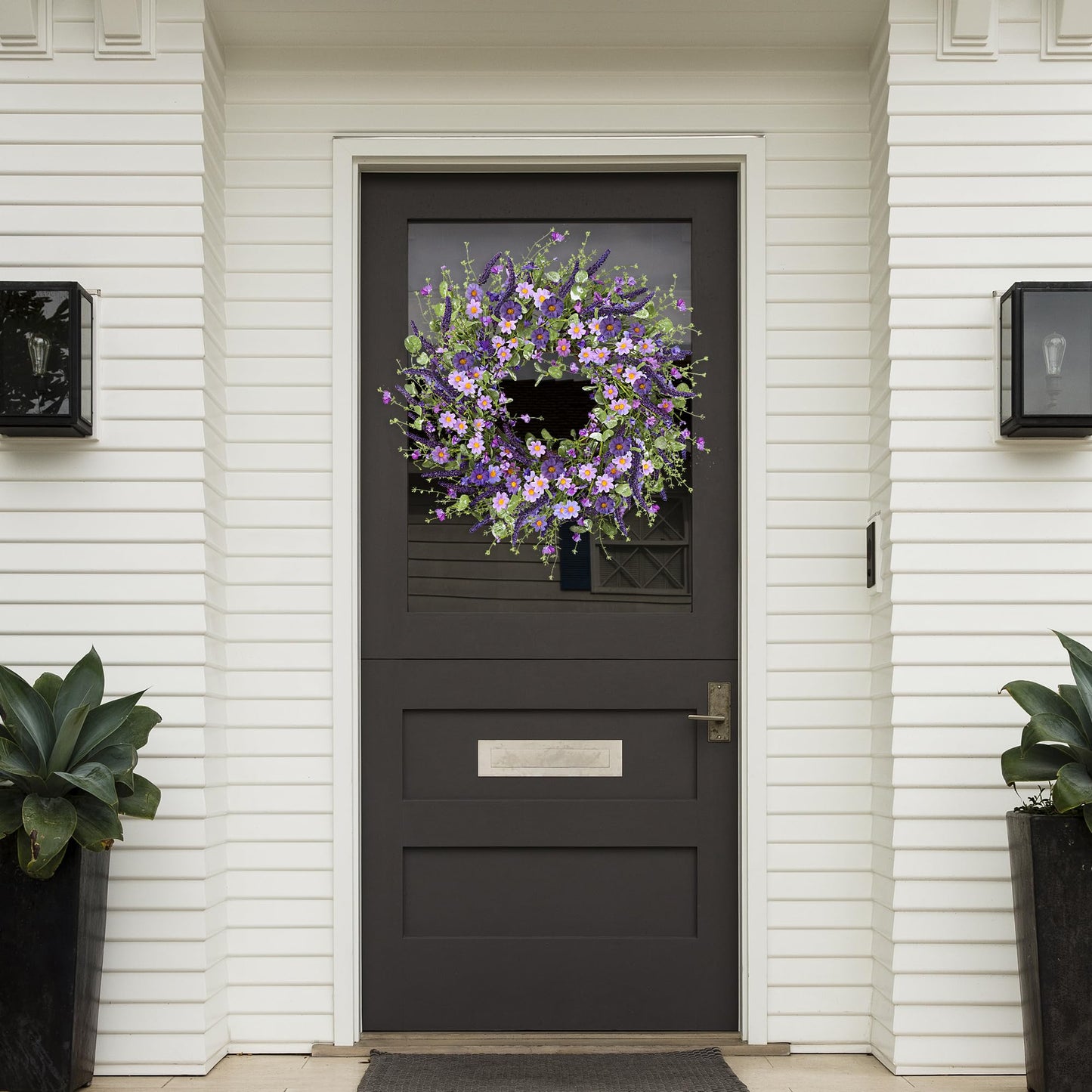 Sggvecsy Purple Daisy Wreath 24 Inch Spring Summer Wreath with Fake Silk Floral Green Eucalyptus Leaves and Lavender for Front Door Window Wall Wedding Farmhouse Festival Decor