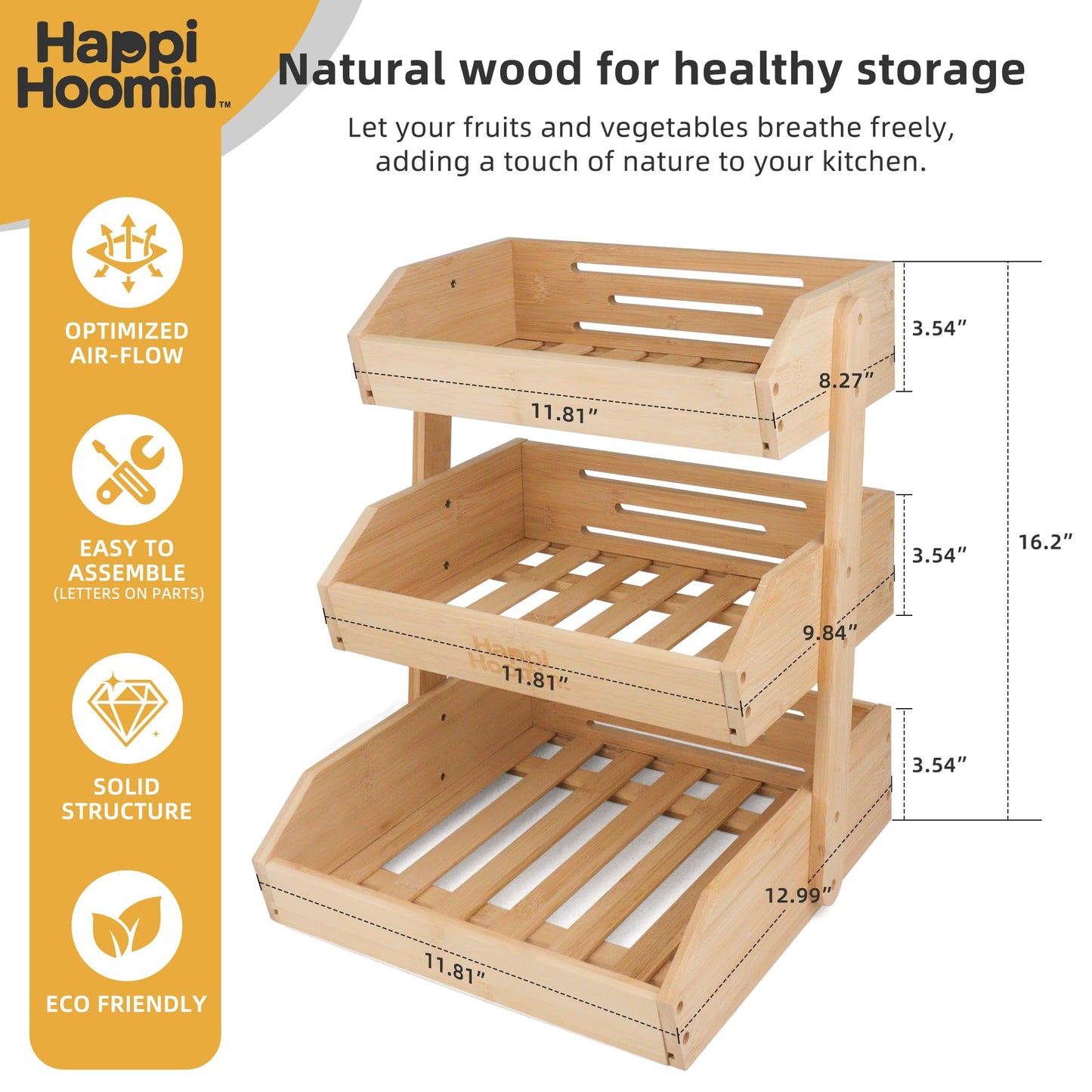 Happi Hoomin 3 Tier Fruit Basket for Kitchen Counter, Bamboo Fruit and Vegetable Storage Rack, Kitchen Organizer and Storage, Vegetable Baskets for Kitchen, Fruit Organizer, Frutero para Cocina