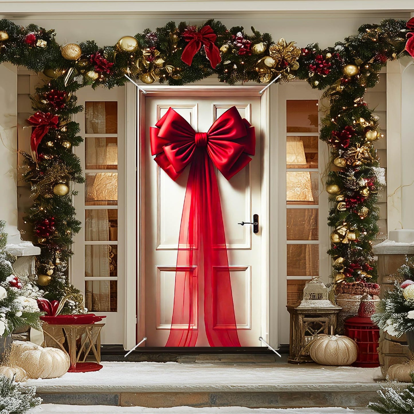 BlissYard Giant Red Bow Christmas Door Cover 35x71 Inch Holiday Entry Banner for Front Door Indoor Outdoor Winter Backdrop Wall Hanging Décor