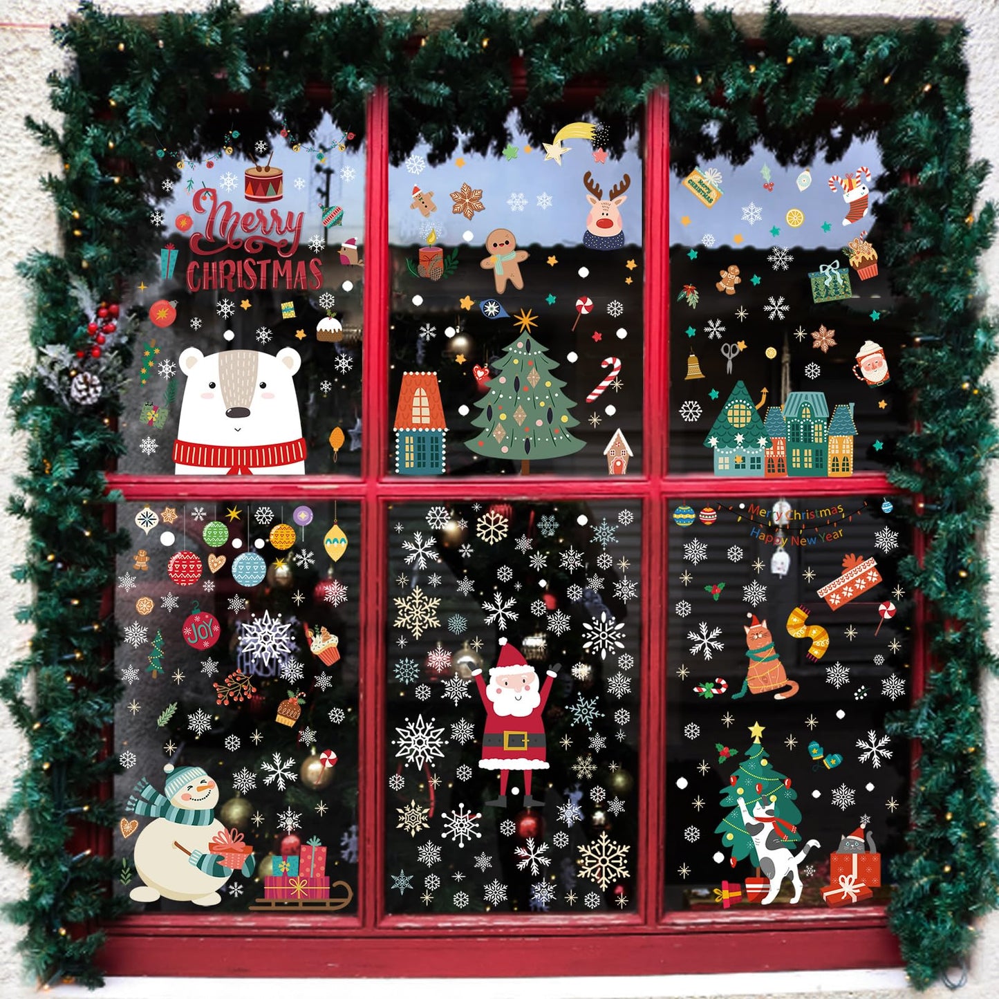 Christmas Window Clings Decorations, Xmas Stickers for Glass Windows, Fun Gift for Kids, Cute Decal Decor with Santa, Polar Bear, Snowflakes, 8 Sheets