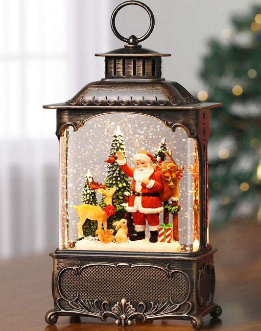 Gorrzai Santa Snow Globe Lantern Christmas Snow Globes, Lighted Christmas Decorations Indoor with Music Timer Swirling Glitter, Musical Santa Claus Reindeer Home Decor, USB or Battery Operated