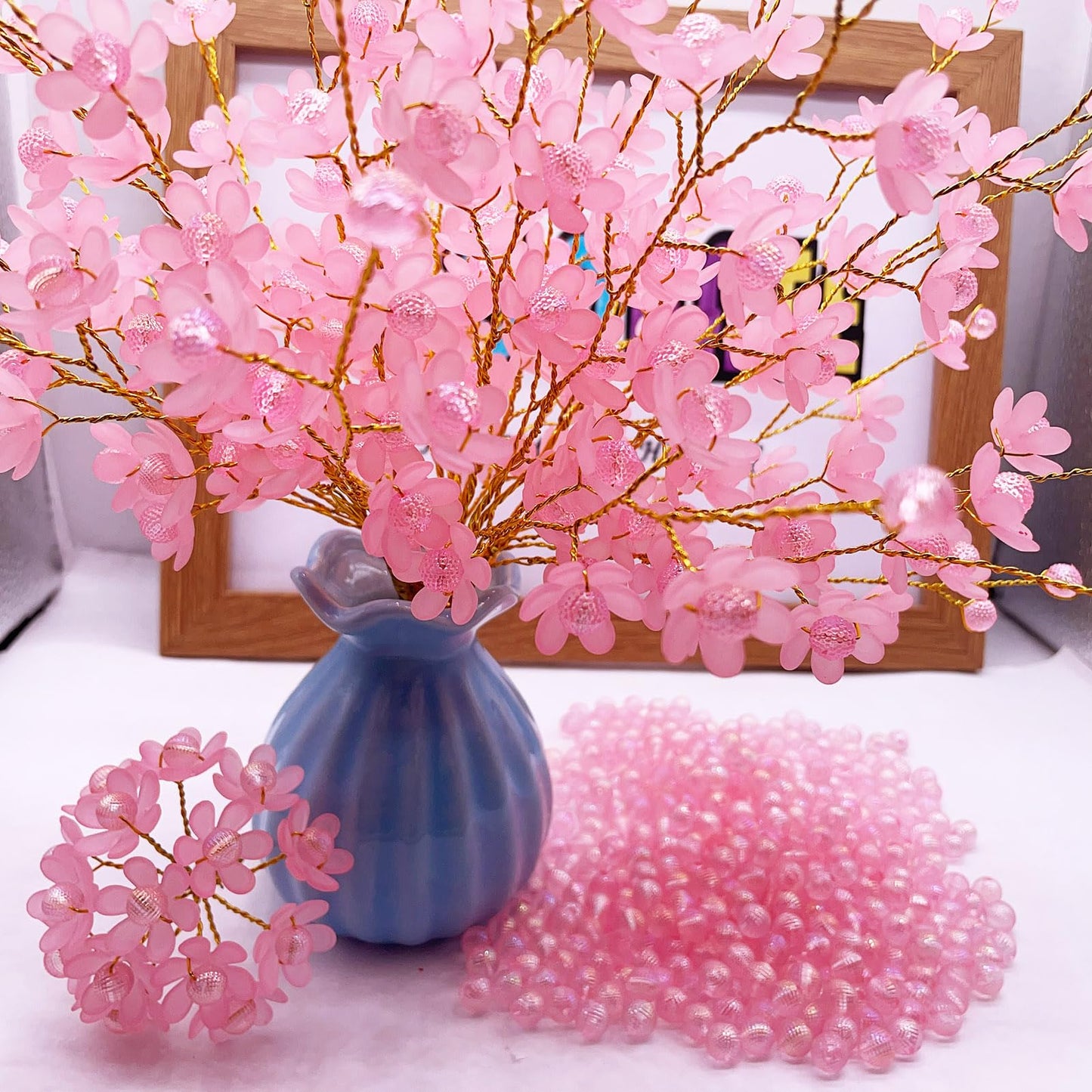 Crystal Artificial Flower Bouquet Material Set, Including 300 Acrylic Petals, 300 Beads, and 50 Iron Wires, Used for DIY Bouquets for Home Garden, Party, and Wedding Decoration (Pink)