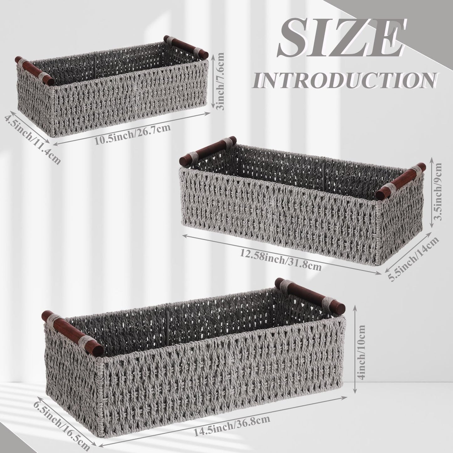 Boao 3 Pcs Boho Storage Wicker Baskets Handmade Woven Decorative Paper Rope Baskets for Organizing with Handle Countertop Toilet Paper Storage Container for Toilet Tank Top(Grey,Rectangle)