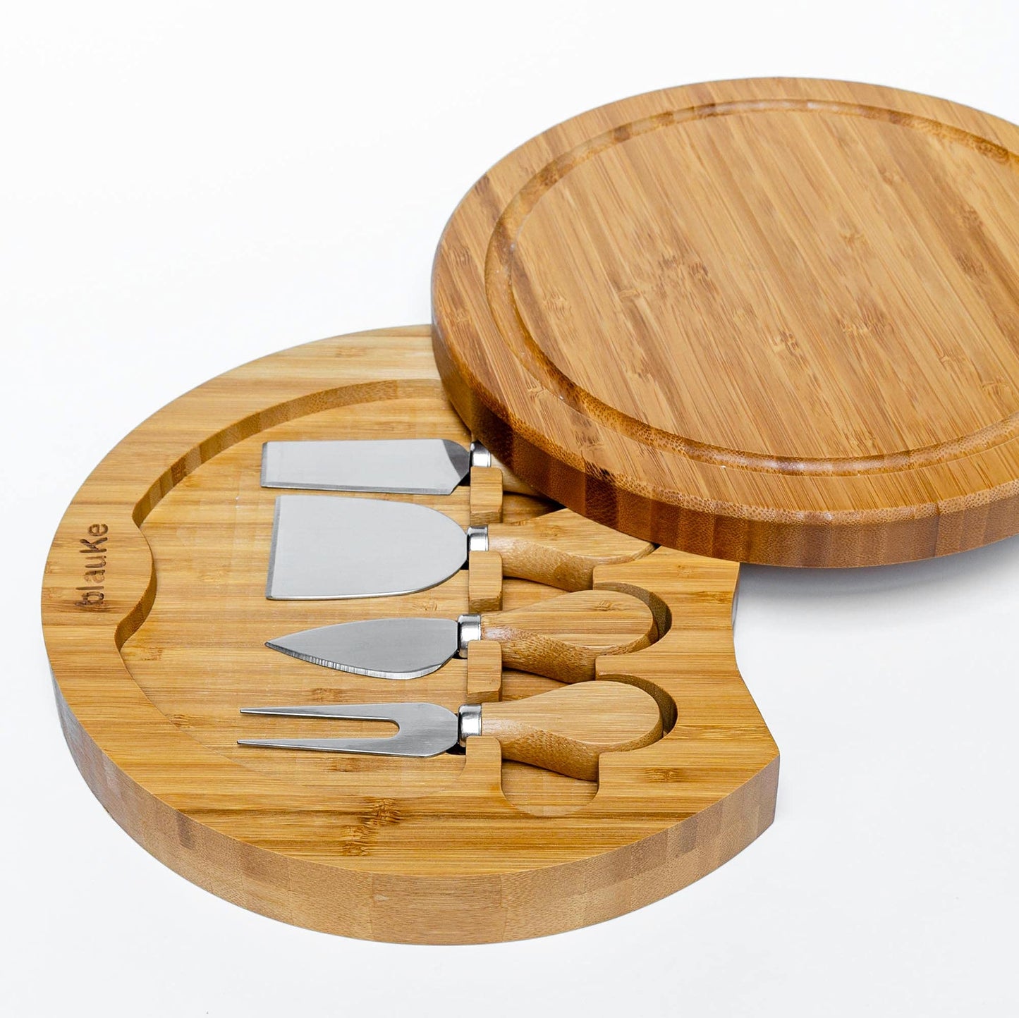Bamboo Cheese Board and Knife Set - 10 inch Round Charcuterie Board, Serving Tray, Platter, Wood Cheese Set - Gift Idea - BlauKe®