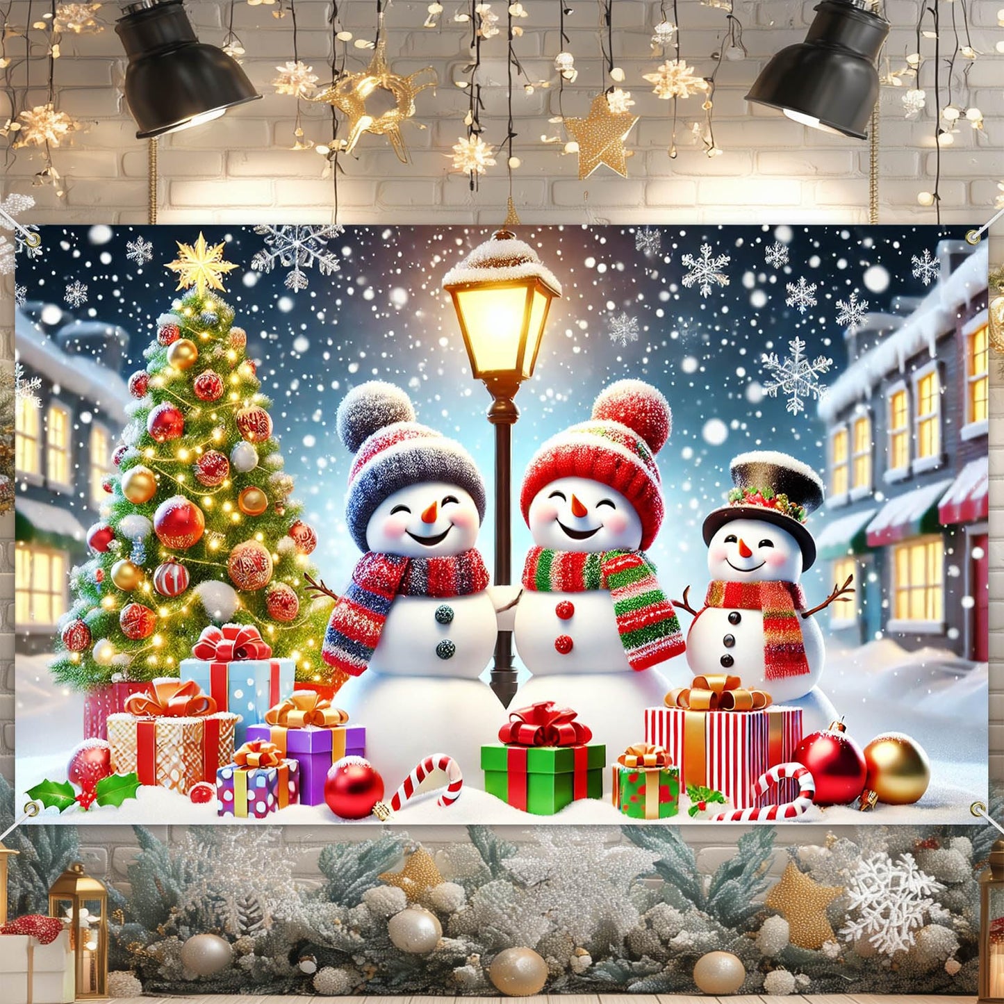 BlissYard Winter Christmas Snowman Banner Backdrop 71x43 Inch Holiday Wall Decoration with Snowy Night Tree Streetlight and Gift Scene for Indoor Party Display Merry Christmas Home Decor