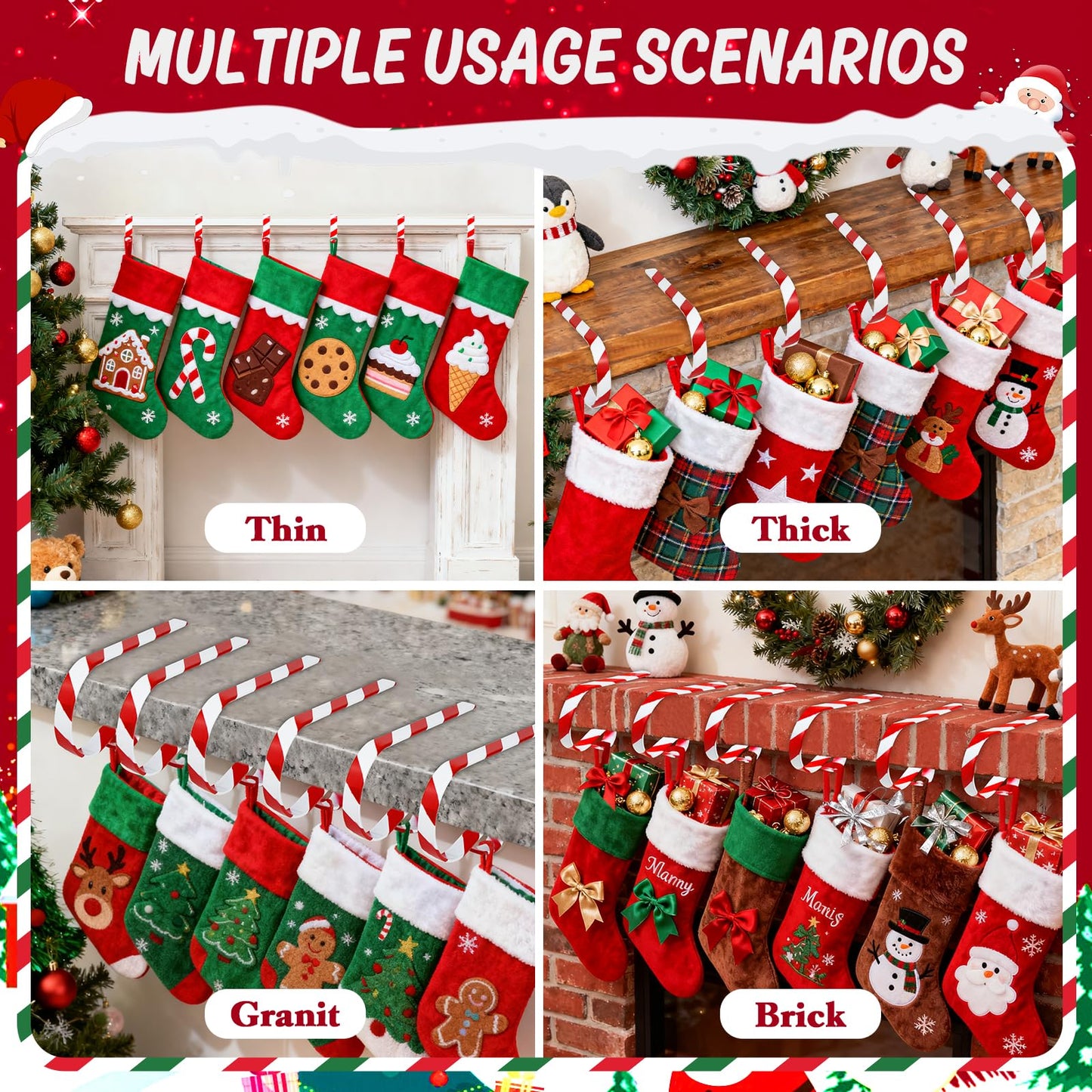 Stocking Holders for Mantle Set of 6, No-Slip Stocking Hangers for Mantel Multi-Use Christmas Stocking Holder Hooks for Fireplaces Mantle, Wreath, Hat, Gift Christmas Party Decorations