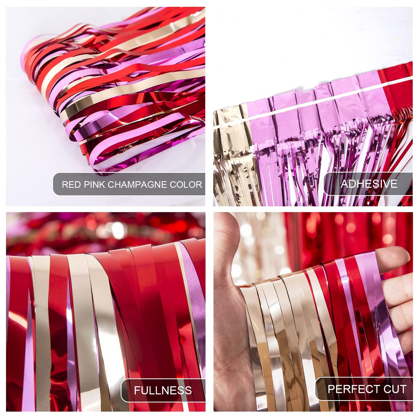 LOLStar 3 Pack Valentines Day Party Decorations 3.3X6.6 ft Photo Booth Props Red Pink Champagne Gold Valentine's Day Decors Foil Fringe Curtains Backdrop Streamers for Wedding Birthday Engagement