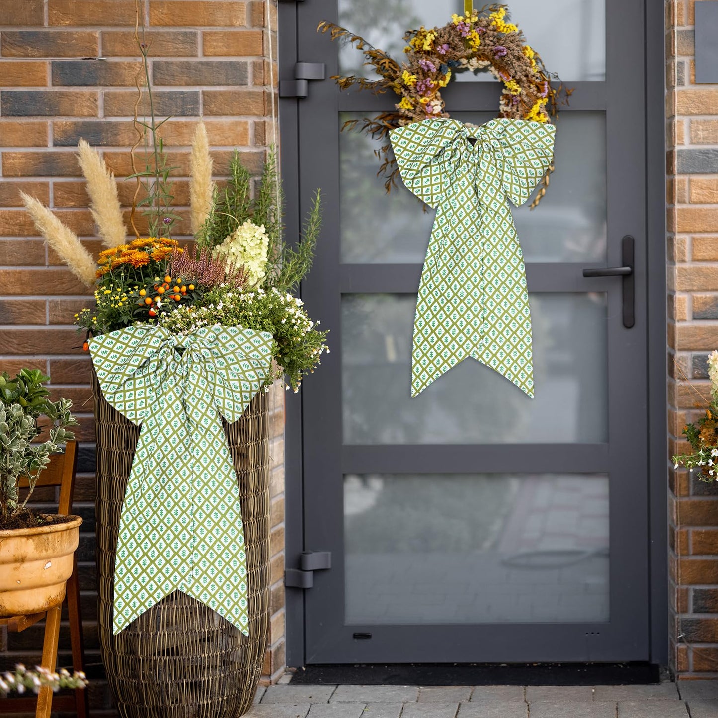 HunnmingRe 2 Pcs Green Block Print Bow Wreath Sash 24 x 16 Inch Christmas Wreath Sash for Front Door Holiday Floral Burlap Bow Accessories for Doorway Indoor Outdoor Garland Home (Green)