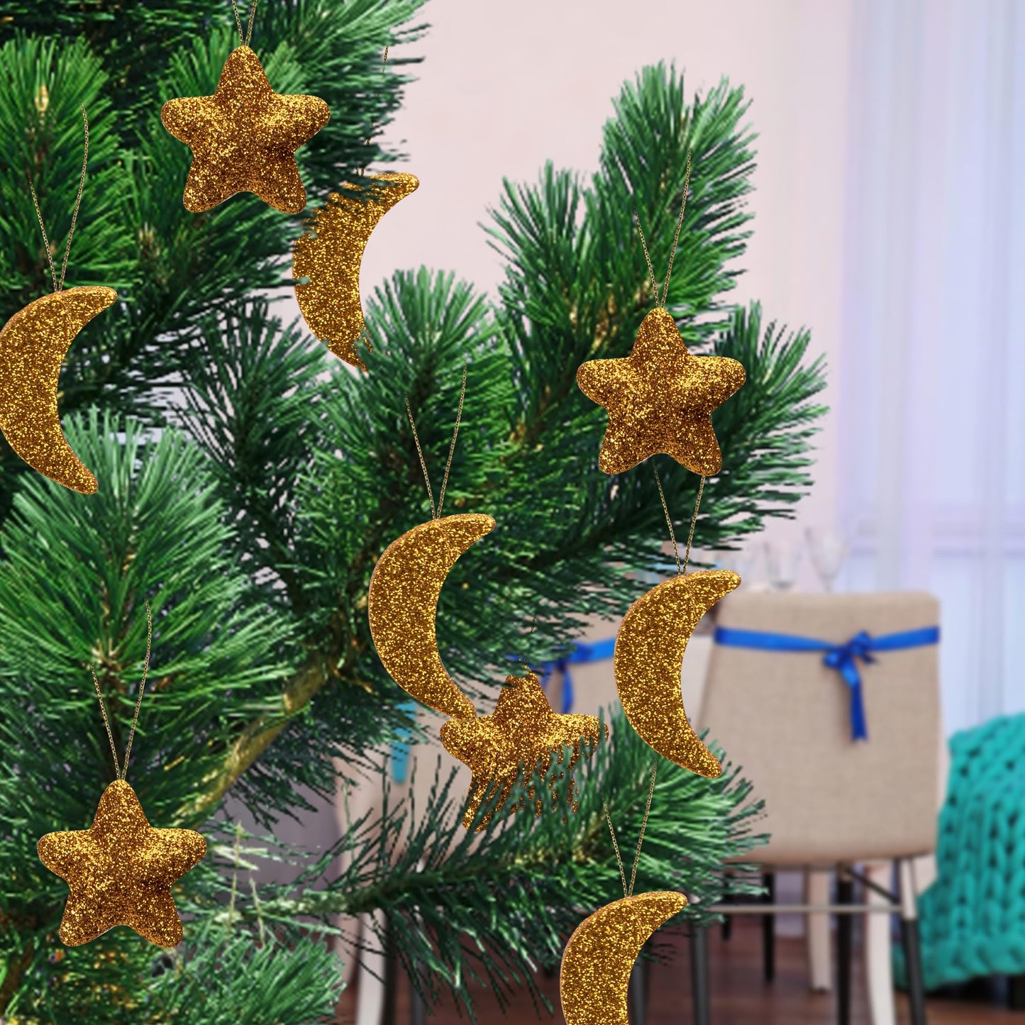 Deloky 40 Pcs Glitter Eid Mubarak Ornaments, Gold Moon Star Hanging Ramadan Tree Ornaments, Shining Ramadan Kareem Moon Star Pendant Decorations for Islamic Muslim Festival Party Home Decor