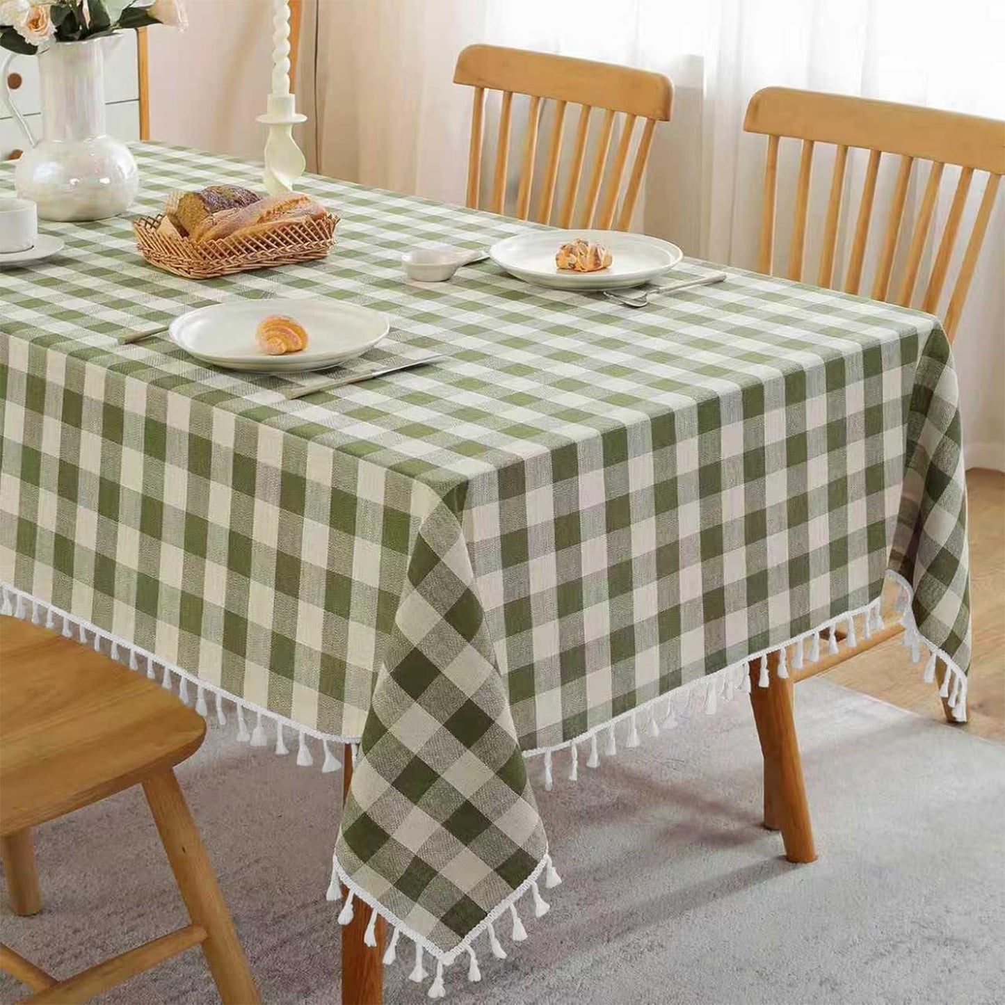 JIALE Spring Gingham Tablecloth Rectangle Cotton Linen Fabric Checkered Table Cloth with Tassel Washable Wrinkle Free Buffalo Plaid Table Cover for Outdoor Party Picnic Kitchen Dining, Green, 55x75