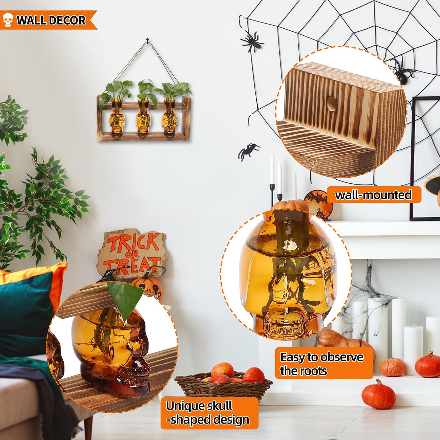 Plant Terrarium Propagation Stations Hydroponics Halloween Skull Planter Vase Skulls Decor with Wooden Stand Gift for Father