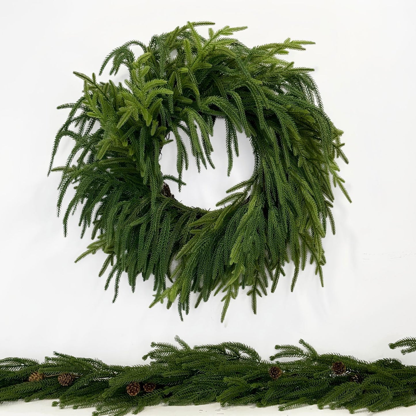 TOKCARE Norfolk Pine Wreaths for Front Door, 26Inch Real Touch Prelit Christmas Wreath with Lights 40 LED Green Faux Pine Wreath for Wall Windows Mantle Outdoor Christmas Decoration