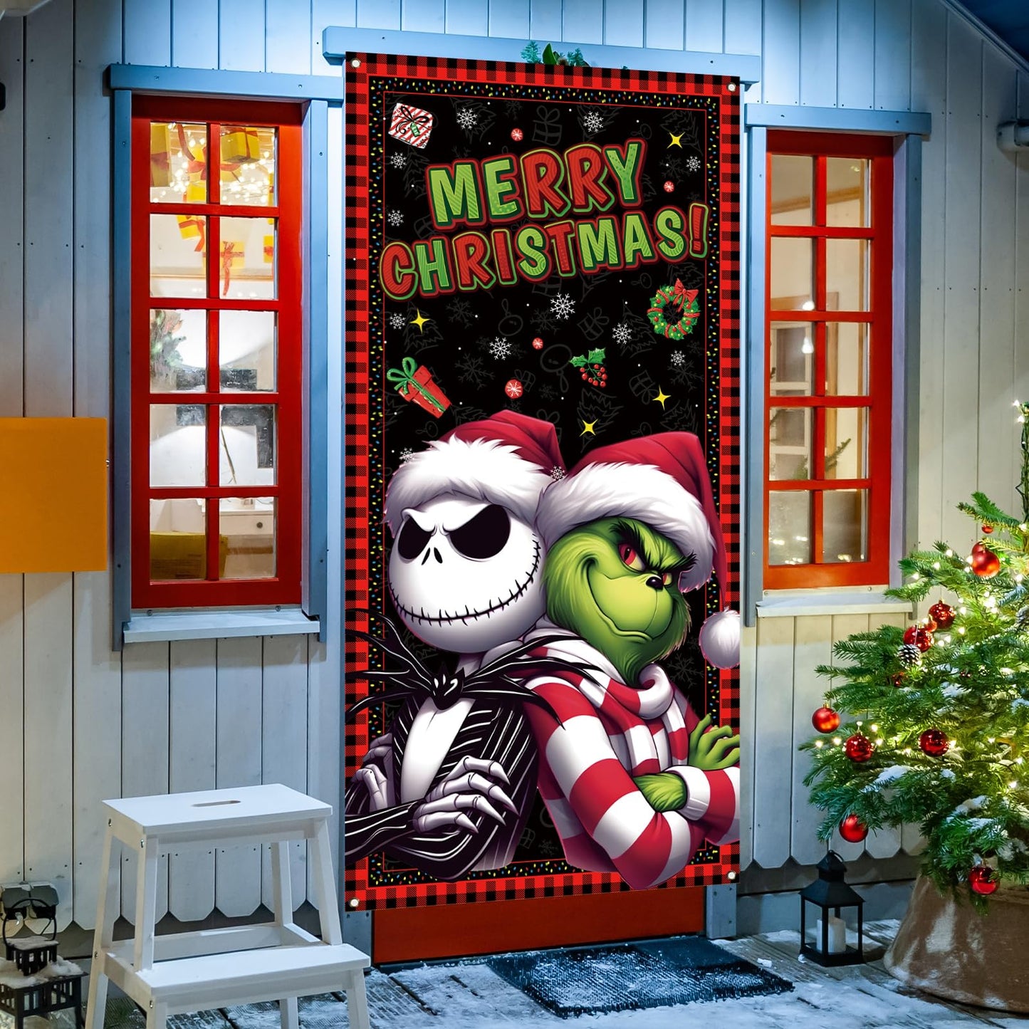 Merry Christmas Door Cover Christmas Photo Backdrop Xmas Winter Holiday Party Decorations and Supplies for Home-71×35''