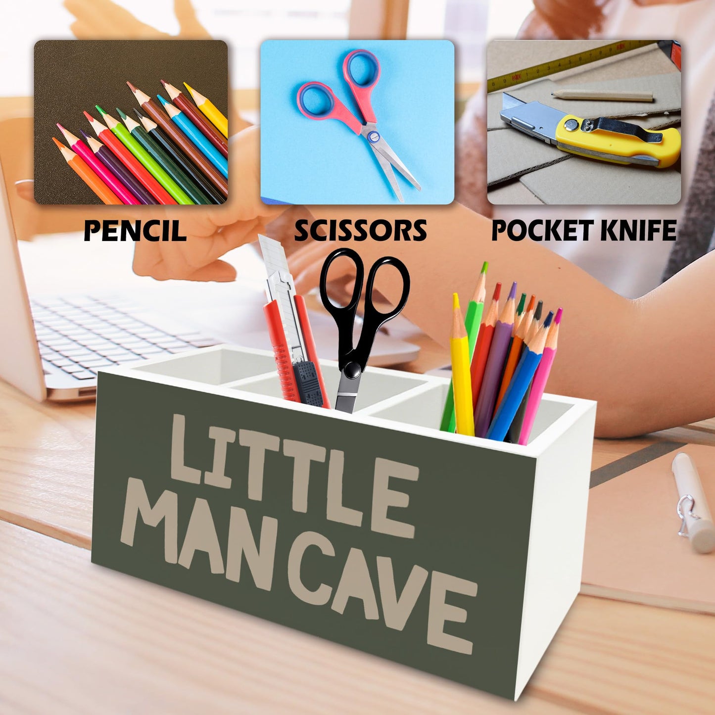 QZQE Boy Nursery Green Pen Pencil Holder Organizer for Desk, Little Man Cave Wooden Box Signs Decorations for Kids Room Bedroom Playroom Classroom Desk Tabletop, Boy Room Decor
