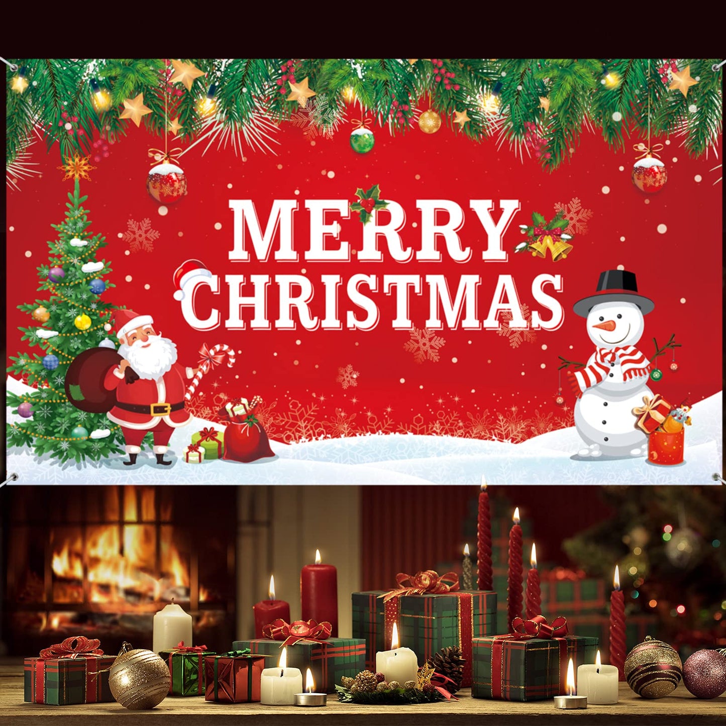 Merry Christmas Backdrop for Photography Banner Large Snow Wonderland Backdrop Winter Snowman Scene Xmas Santa Tree Background for Outdoor Indoor Christmas Decorations Party Gifts, 72.8 x 43.3 Inch