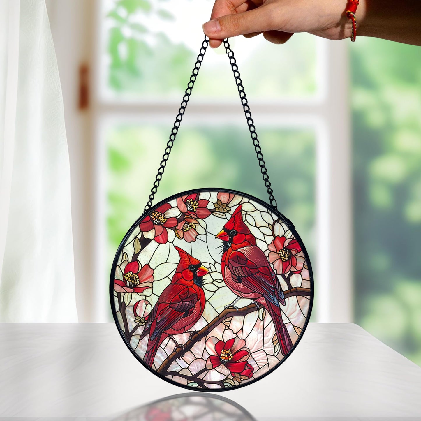 FUGWN Cardinal Bird Stained Glass Window Hanging, Red Cardinal Flower Sun Catchers Indoor Window Round Glass Wall Art Decor, Bird Suncatcher Wall Hanging Decorations, Gardening & Lawn Care