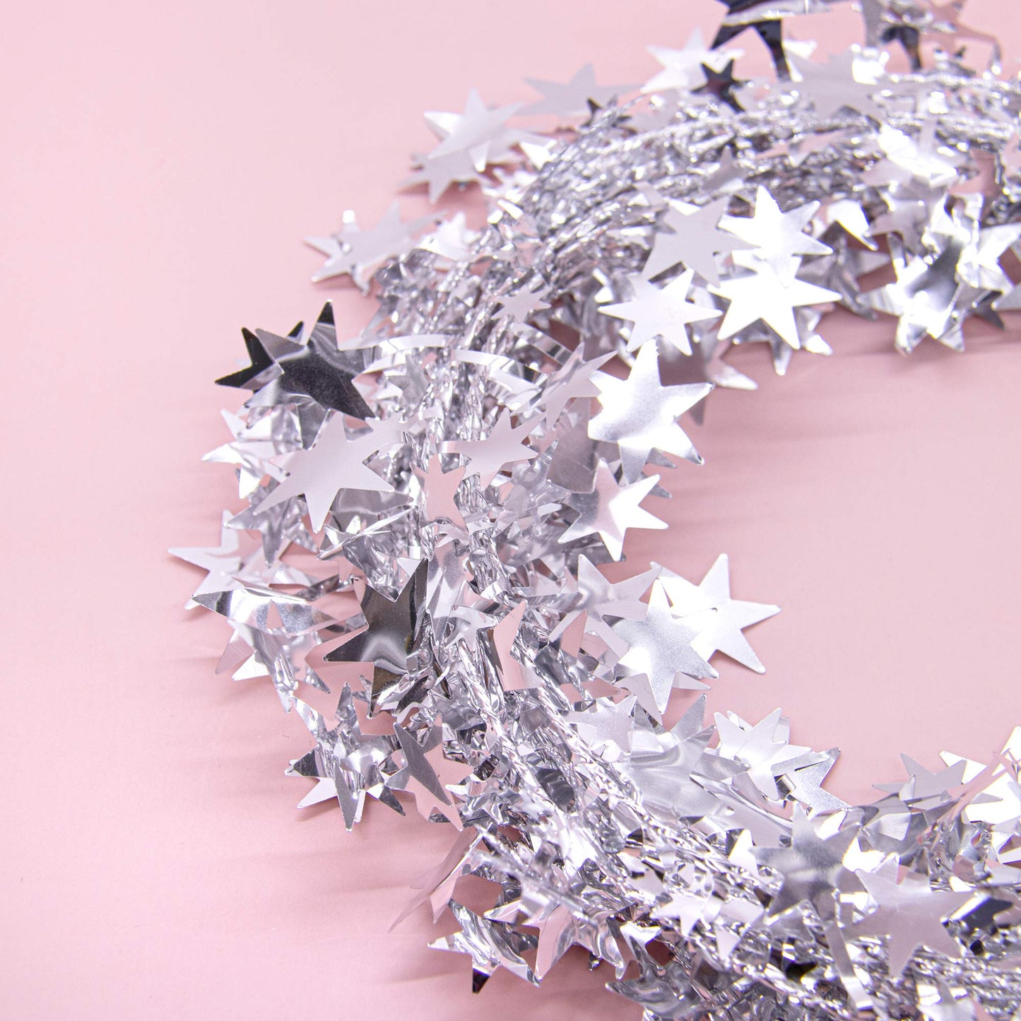 AUEAR, 2 Rolls 50 Ft Silver Sparkly Star Tinsel Garlands with Wire Christmas Decorations for Xmas Tree Home Wedding Birthday Party Festive Ornament