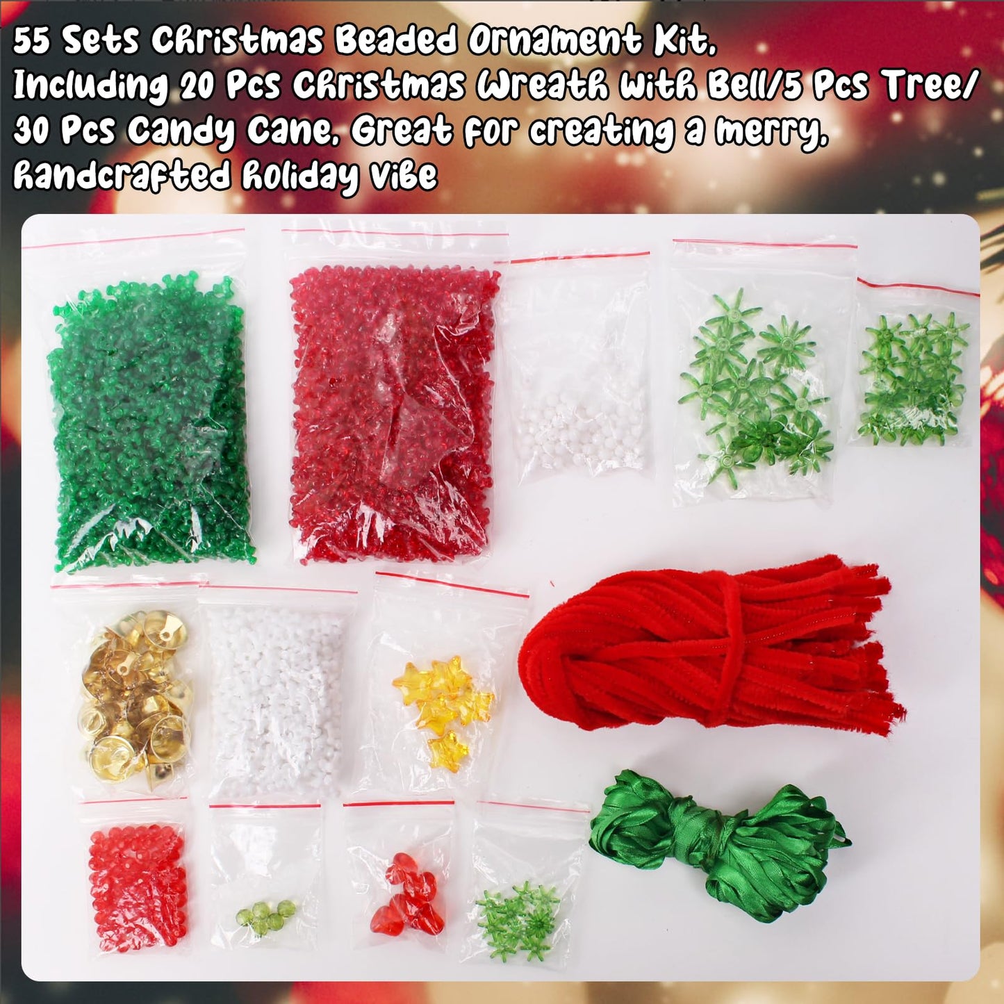 AWHETIE Christmas Crafts for Adults Kids,55 Sets Christmas Beaded Ornament Kit,Including 20 Pcs Wreath with Bell/5 Pcs Tree/30 Pcs Candy Cane,Holiday Tree Decorations Party Supplies