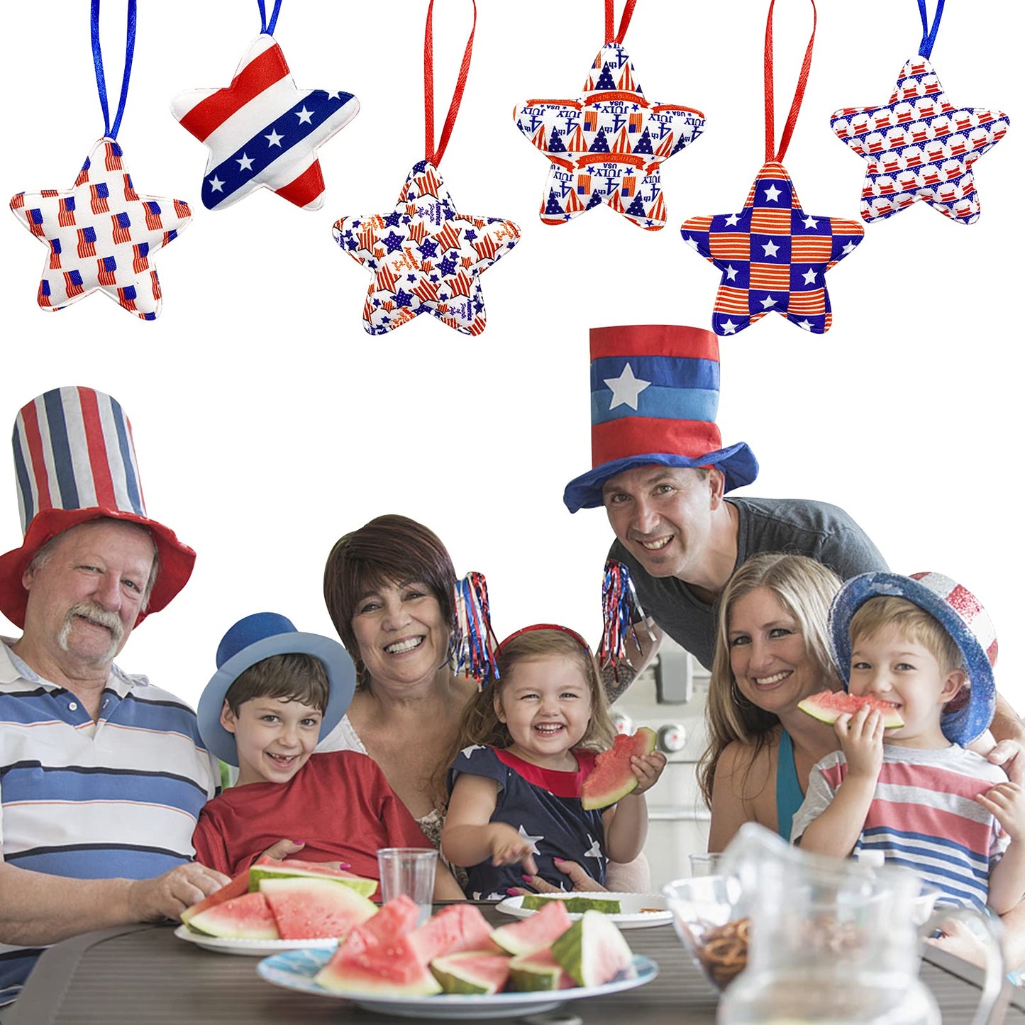 Deloky 30 Pcs 4th of July Decoration Fabric Wrapped Stars, 3.5 x 6.1 Inch Patriotic Ornaments Red White and Blue Stars, Memorial Day Tree Decorations for Independence Day Veterans Day Decor