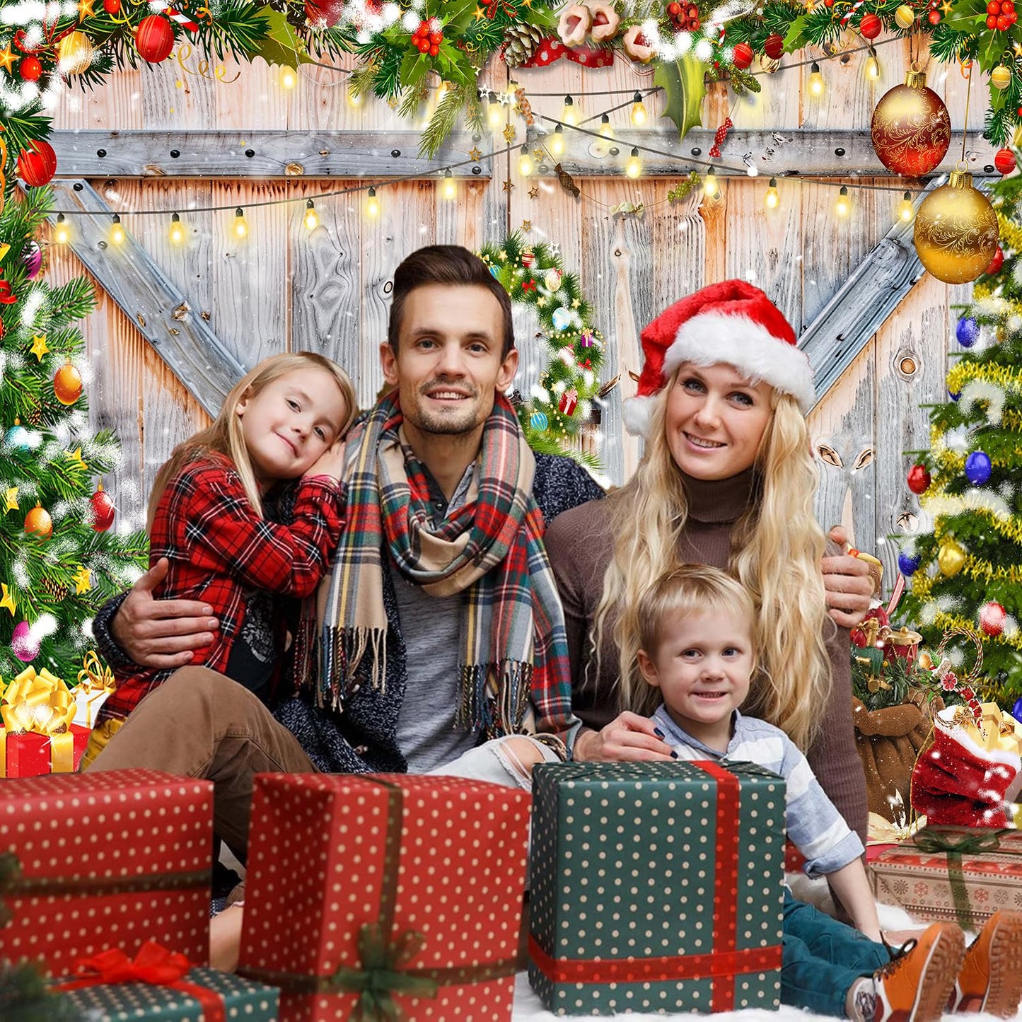 Christmas Photo Backdrop for Photography, Rustic Barn Wood Door Backdrops for Photoshoot, Xmas Tree Snow Red Gift Christmas Party Decorations 7x5ft