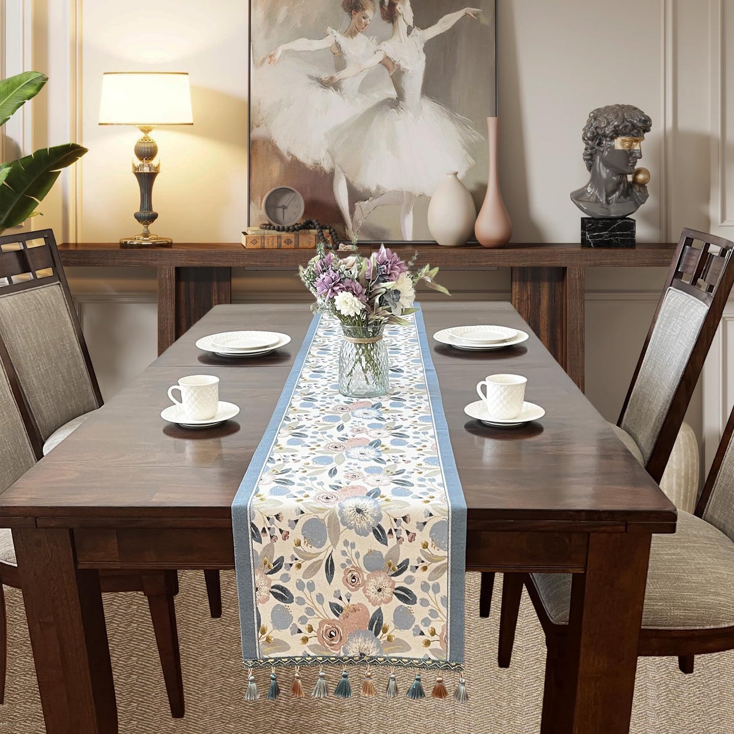 QGenuine Floral Table Runner with Tassel Edges, Cotton Blend Decorative Runner for Dining Table, Spring Table Decor