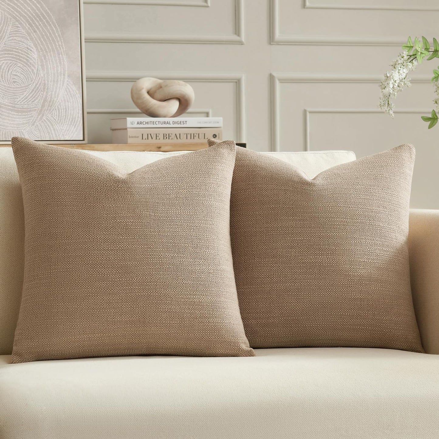 Meekio Set of 2 Linen Look Khaki Pillow Covers 18x18, Decorative Throw Pillow Covers for Couch, Sofa, Bed & Living Room Decor