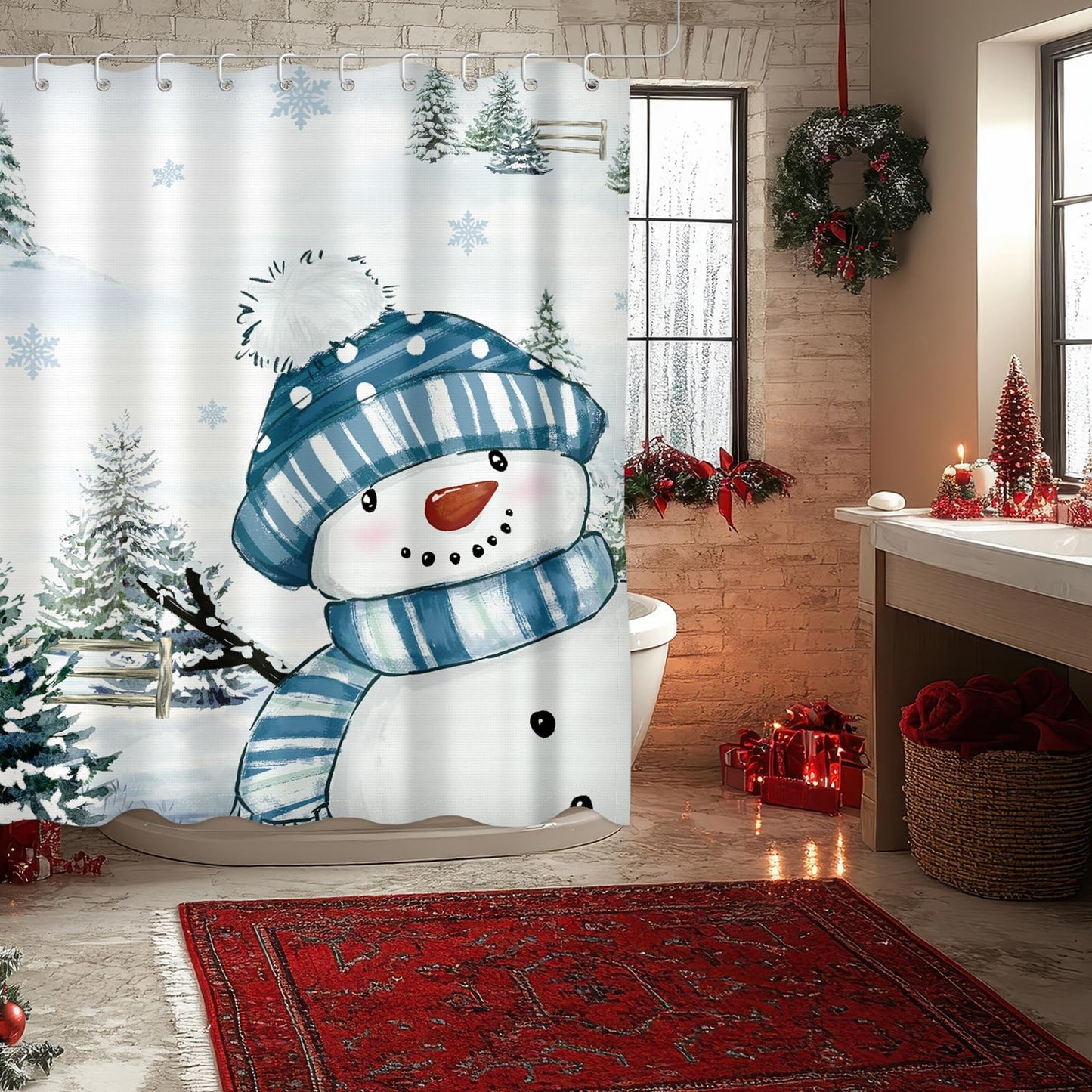 Moutina Winter Christmas Snowman Shower Curtain, Snow Snowflake Xmas New Year Holiday Winter Decor Bathroom Curtain Set - 72x72 Inch Waterproof Polyester Fabric with Hooks