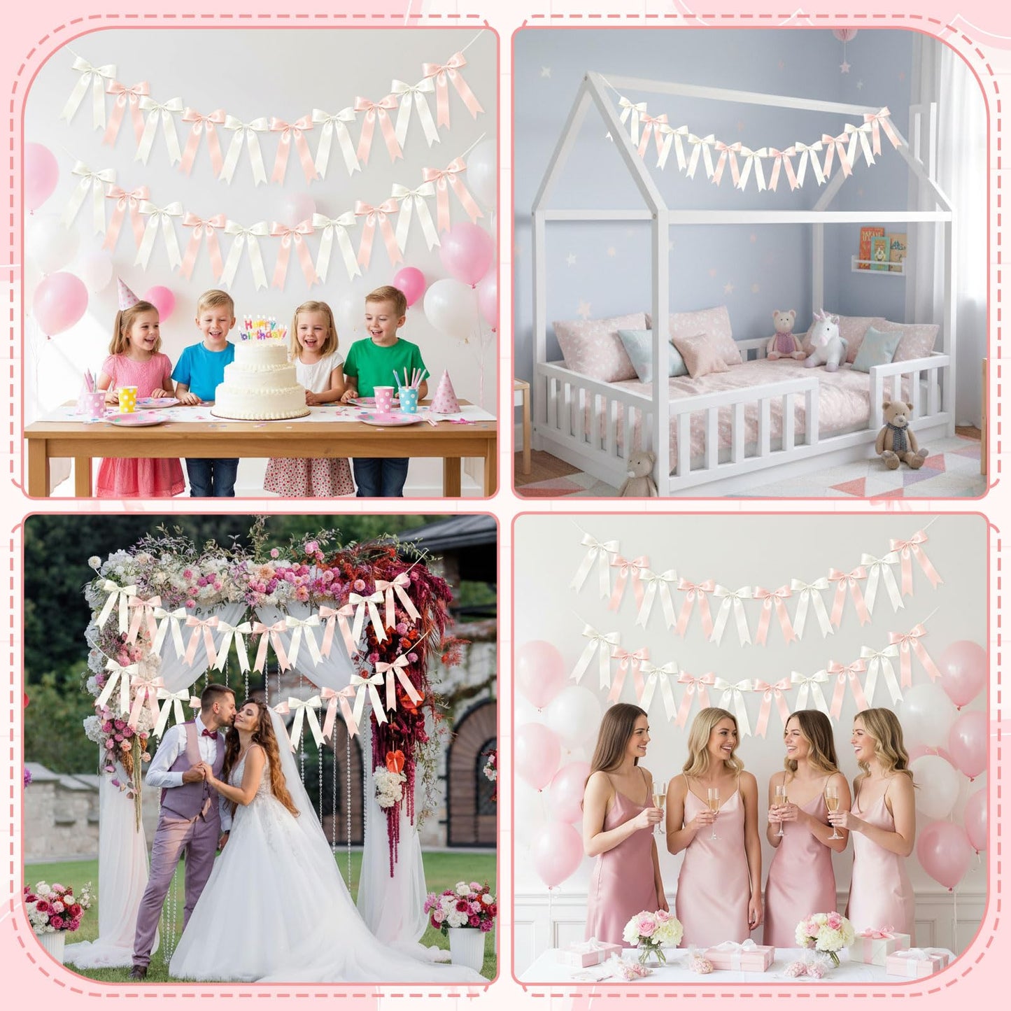 NatNarr 2 Pcs White and Pink Bow Garland, Satin Ribbon Valentines Day Decorations Pre-Strung Bow Garland Party Banner for Wedding Birthday Baby Bridal Shower