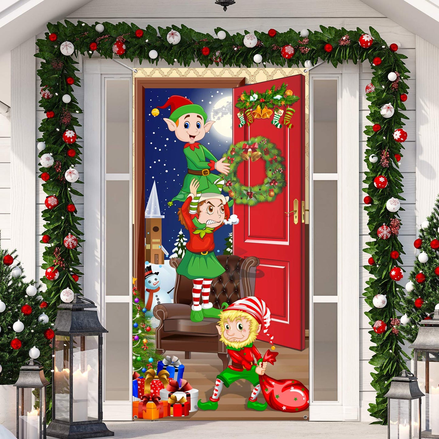 Funny Elves Fabric Door Backdrop - Santa Christmas Photo Booth Backdrop Banner and Door Cover - 70.9 x 35.4 Inch
