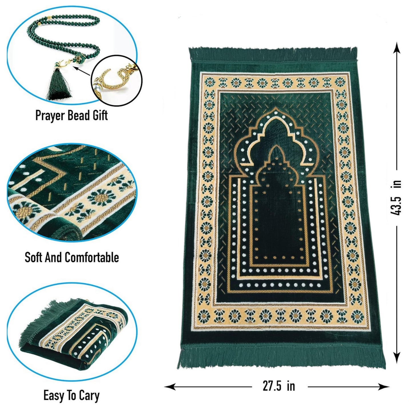Prayer Mat Rug for Muslim Men, Women or Kids, Portable Praying Mat and Prayer Beads Sets for Islamic Gifts – Muslim Prayer Rug For Ramadan, Umrah, Hajj - Turkish Rug for Meditation and Worship (GREEN)