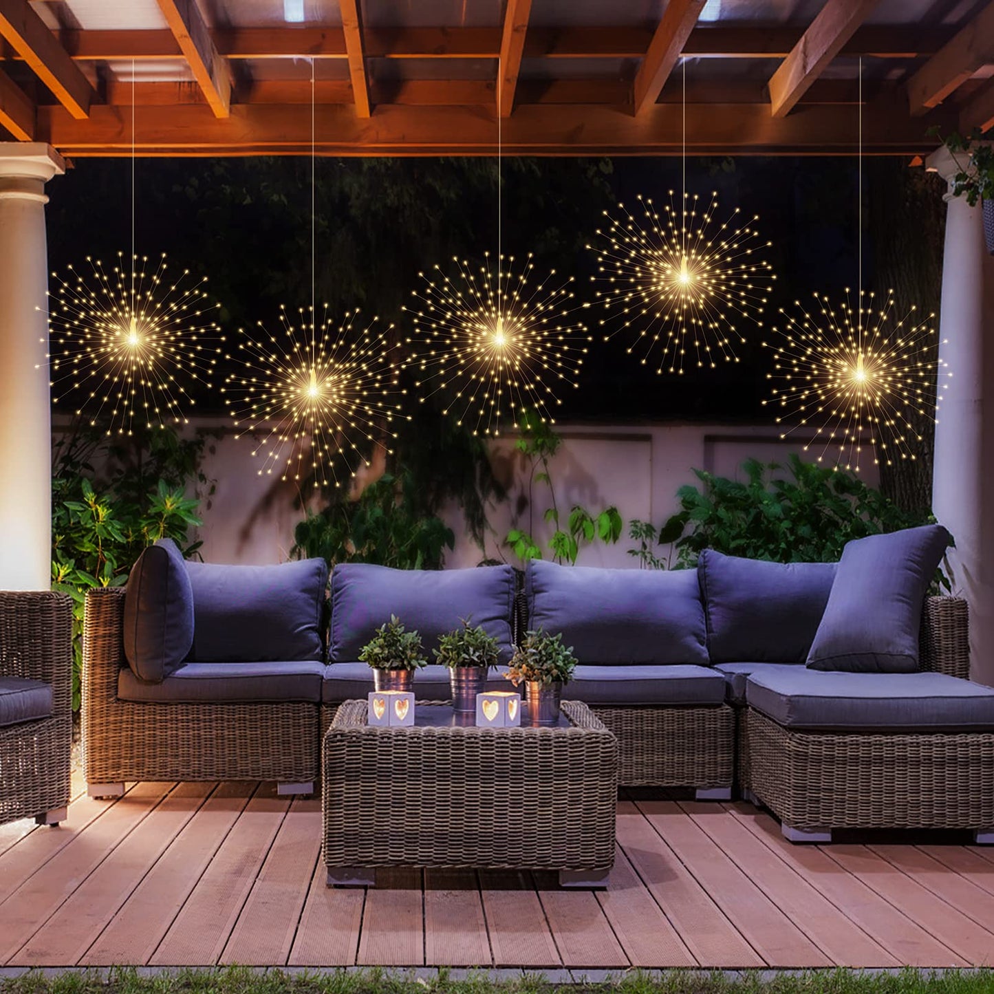 PXBNIUYA 200LED Hanging Sphere Lights, Battery Operated Starburst Lights, 8 Modes Dimmable Remote Control, Waterproof Copper Wire Fairy Light for Indoor Outdoor Christmas Decor (Warm White)