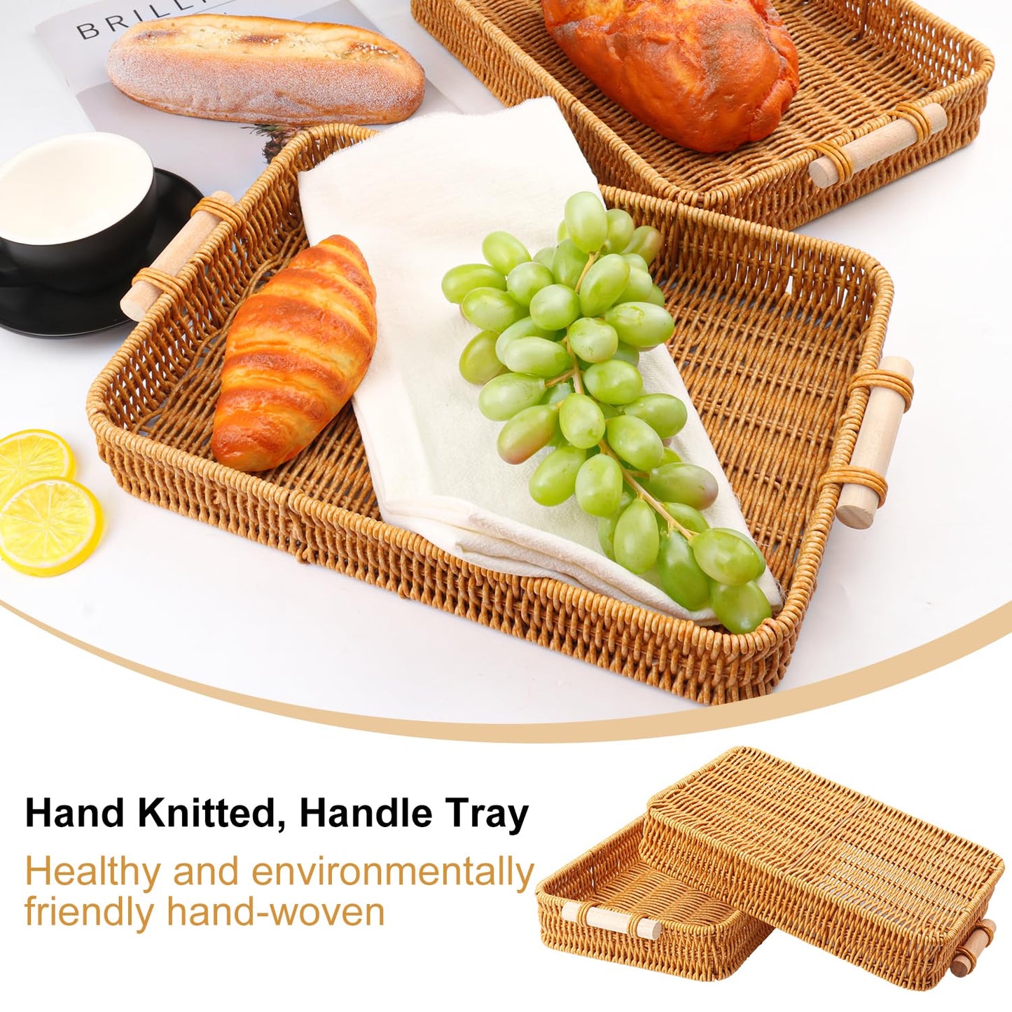 Geytetqi 3 Pack 13.8 x 9.8 inch Rectangle Rattan Tray, Rectangle Woven Serving Basket with Handles, Storage Rattan Serving Trays for Home, Restaurant & Hotel Use, Durable & Easy-Cleaning