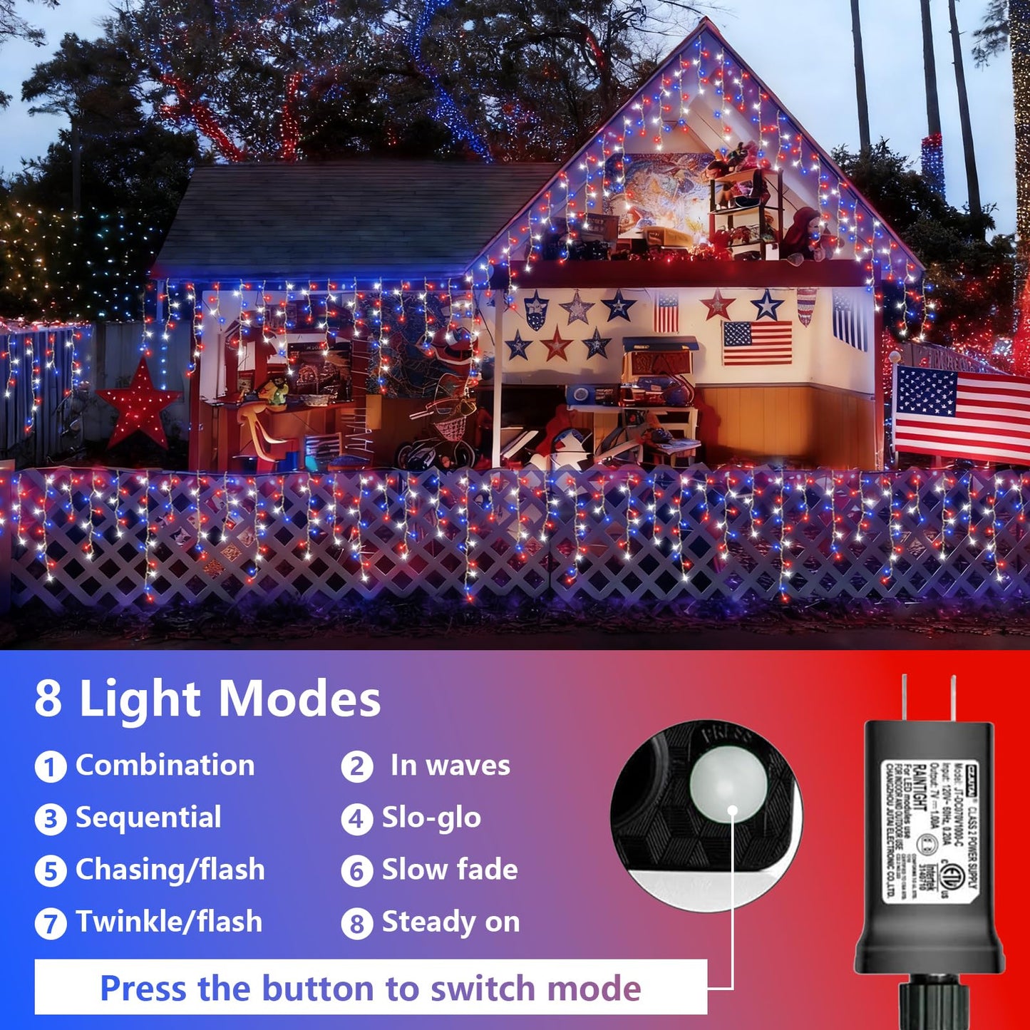 QITONG Red White and Blue Icicle Lights for Outside, 33ft 400 LED 4th of July Icicle Lights with 8 Modes, Clear Wire Connectable String Lights Plug in for Patriotic Independence Memorial Day Decor