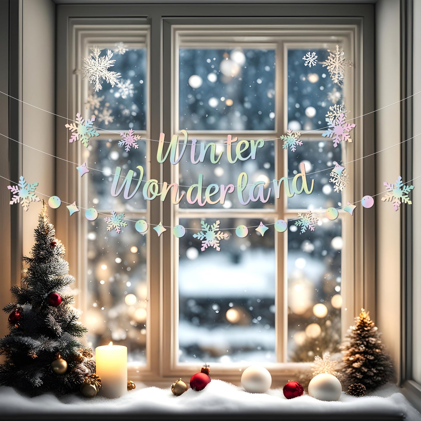 Holographic Winter Wonderland Banner, Iridescent Snowflake Garland Banner for Christmas Decoration