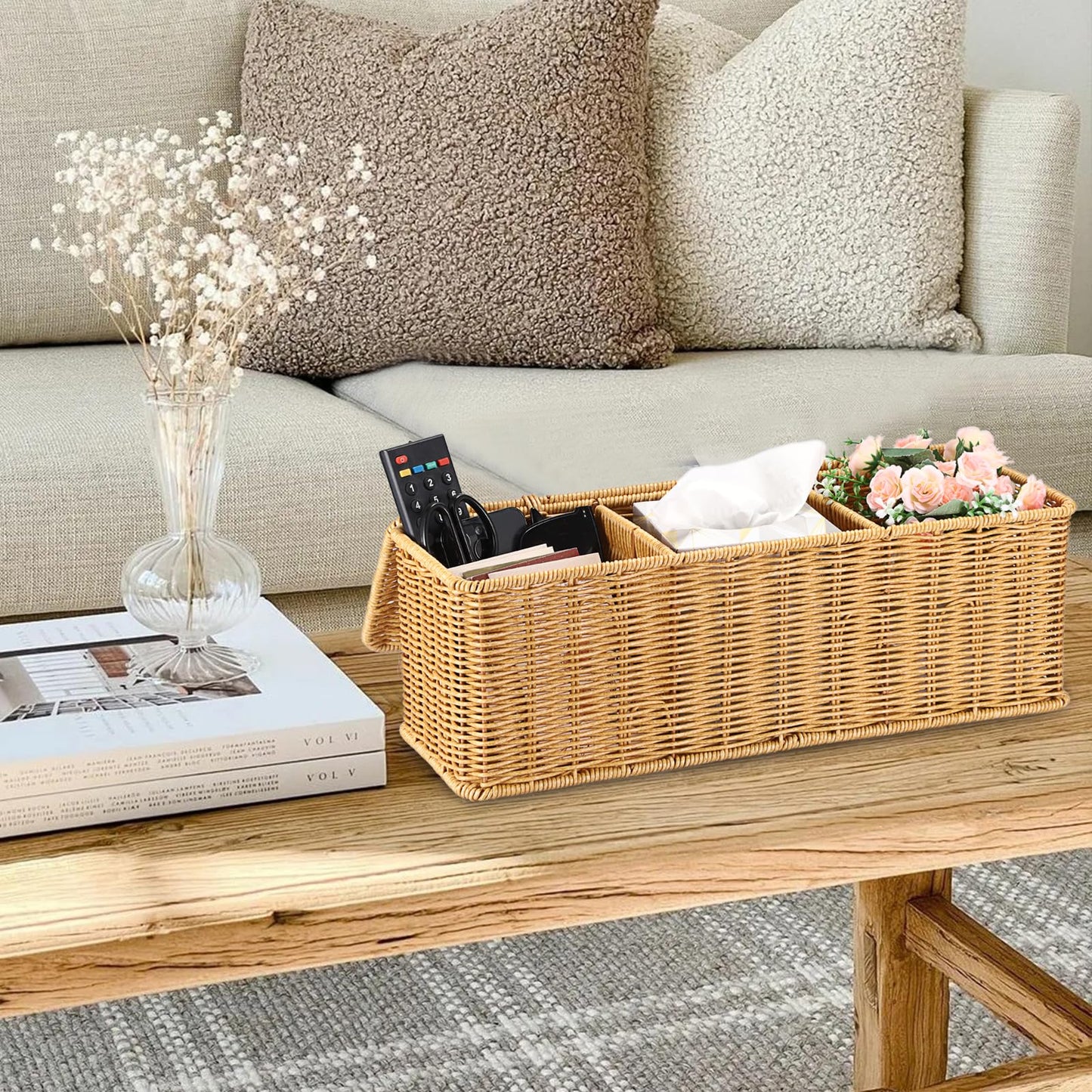Sumnacon Wicker Storage Basket with Lid, Rectangular Narrow Baskets for Bathroom, Farmhouse Imitation Rattan Bin with Dividers, Decorative Handwoven Tray Organizer for Countertop Shelves Toilet Tank